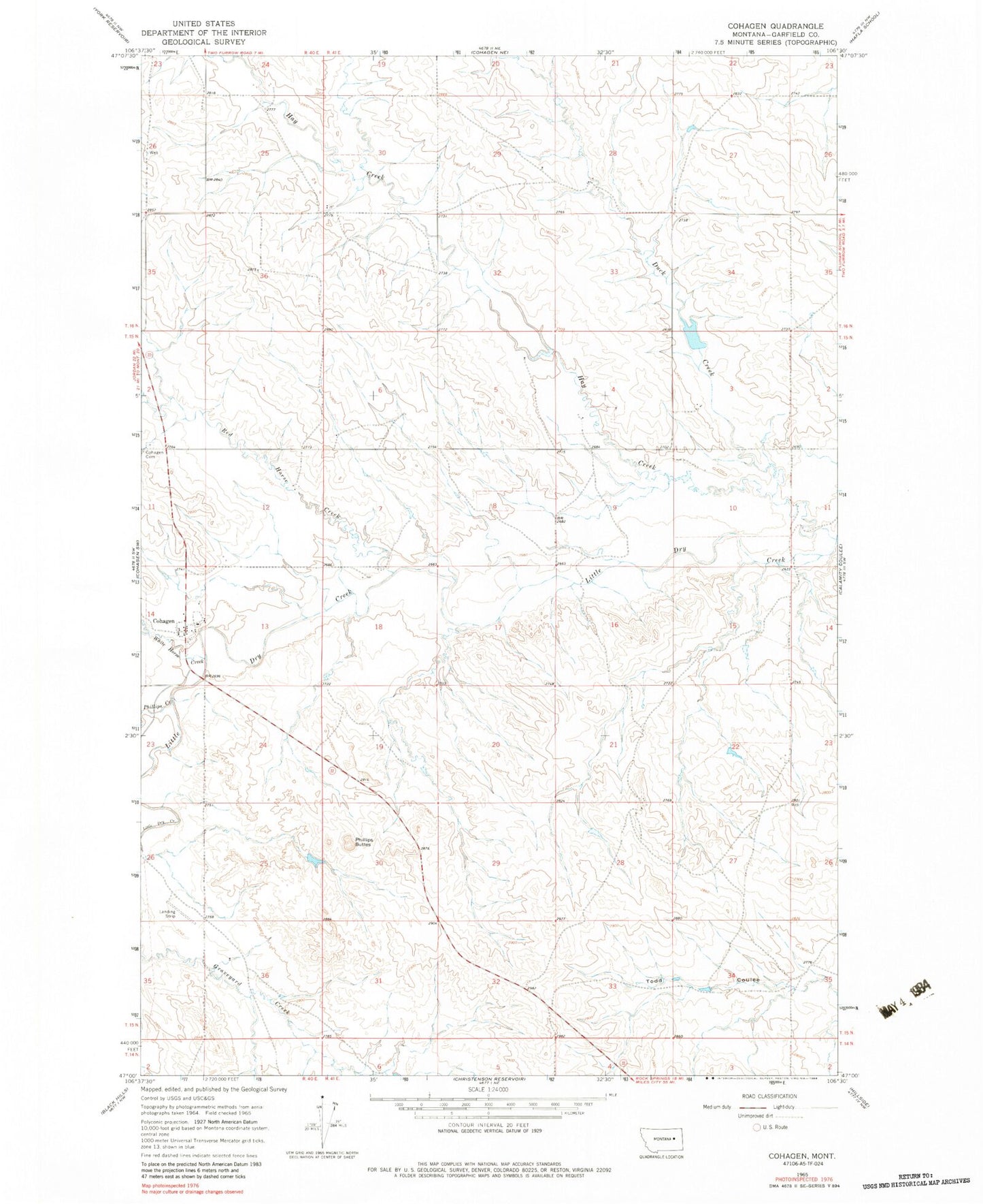 Classic USGS Cohagen Montana 7.5'x7.5' Topo Map Image