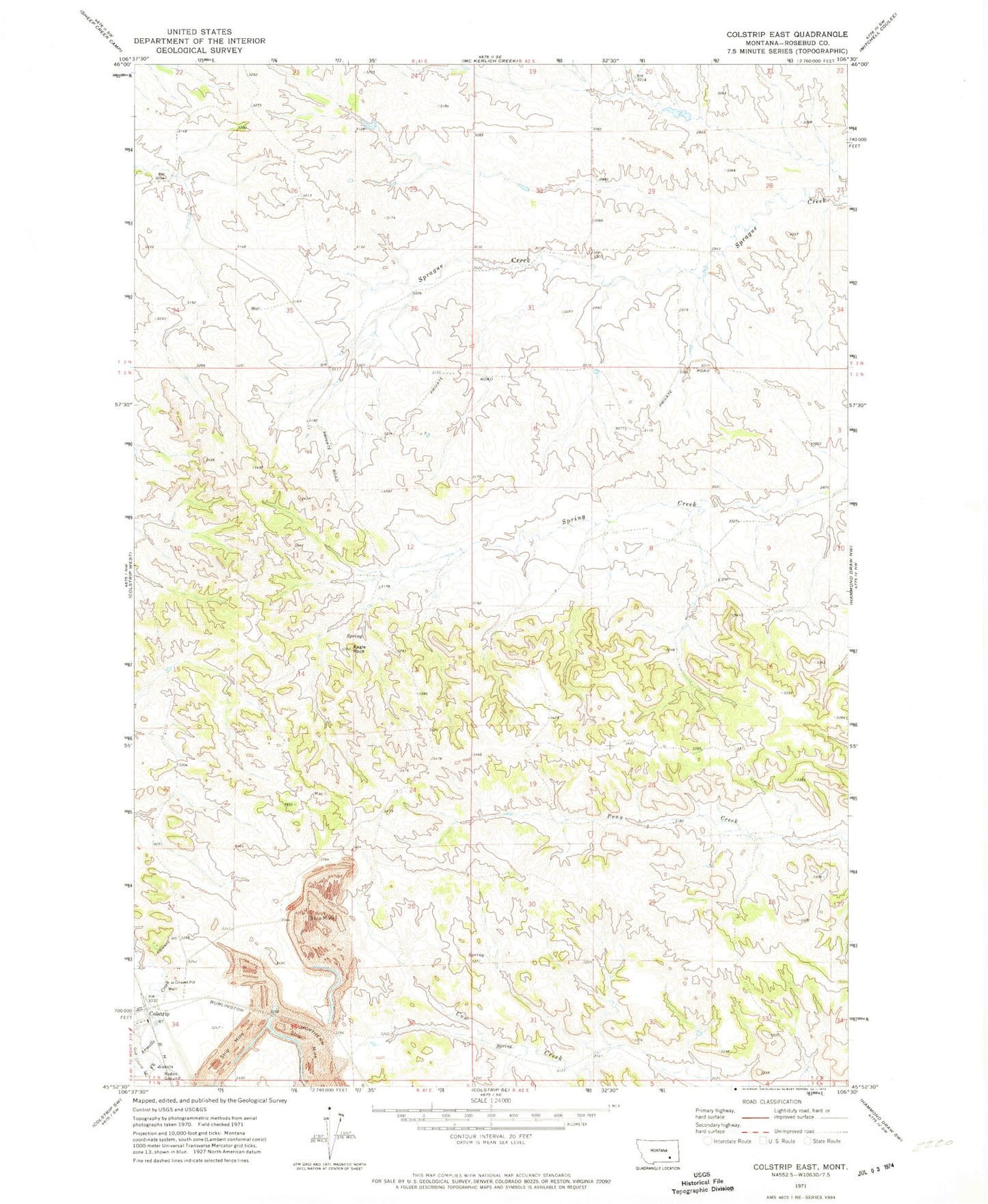 Classic USGS Colstrip East Montana 7.5'x7.5' Topo Map Image
