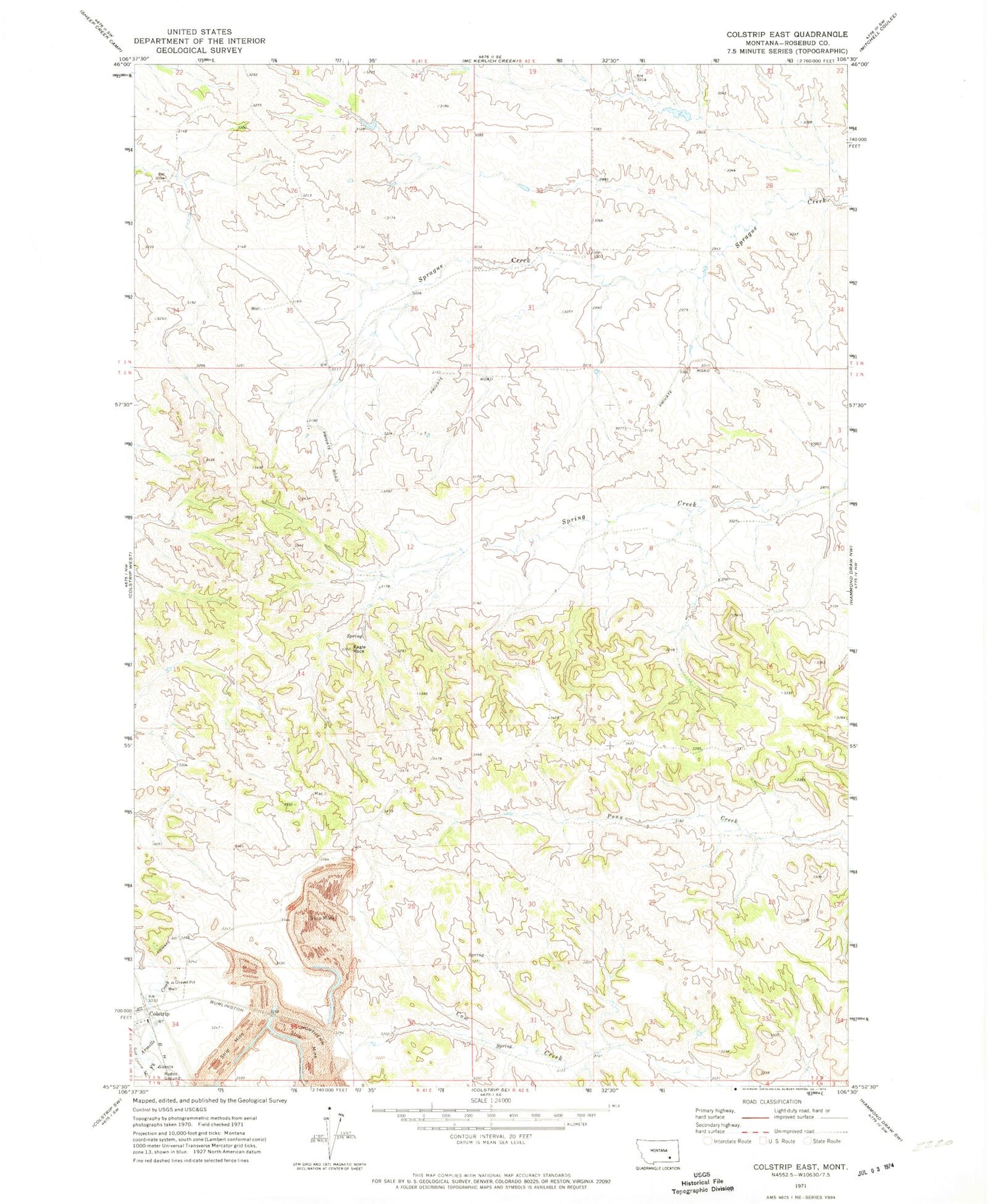 Classic USGS Colstrip East Montana 7.5'x7.5' Topo Map Image