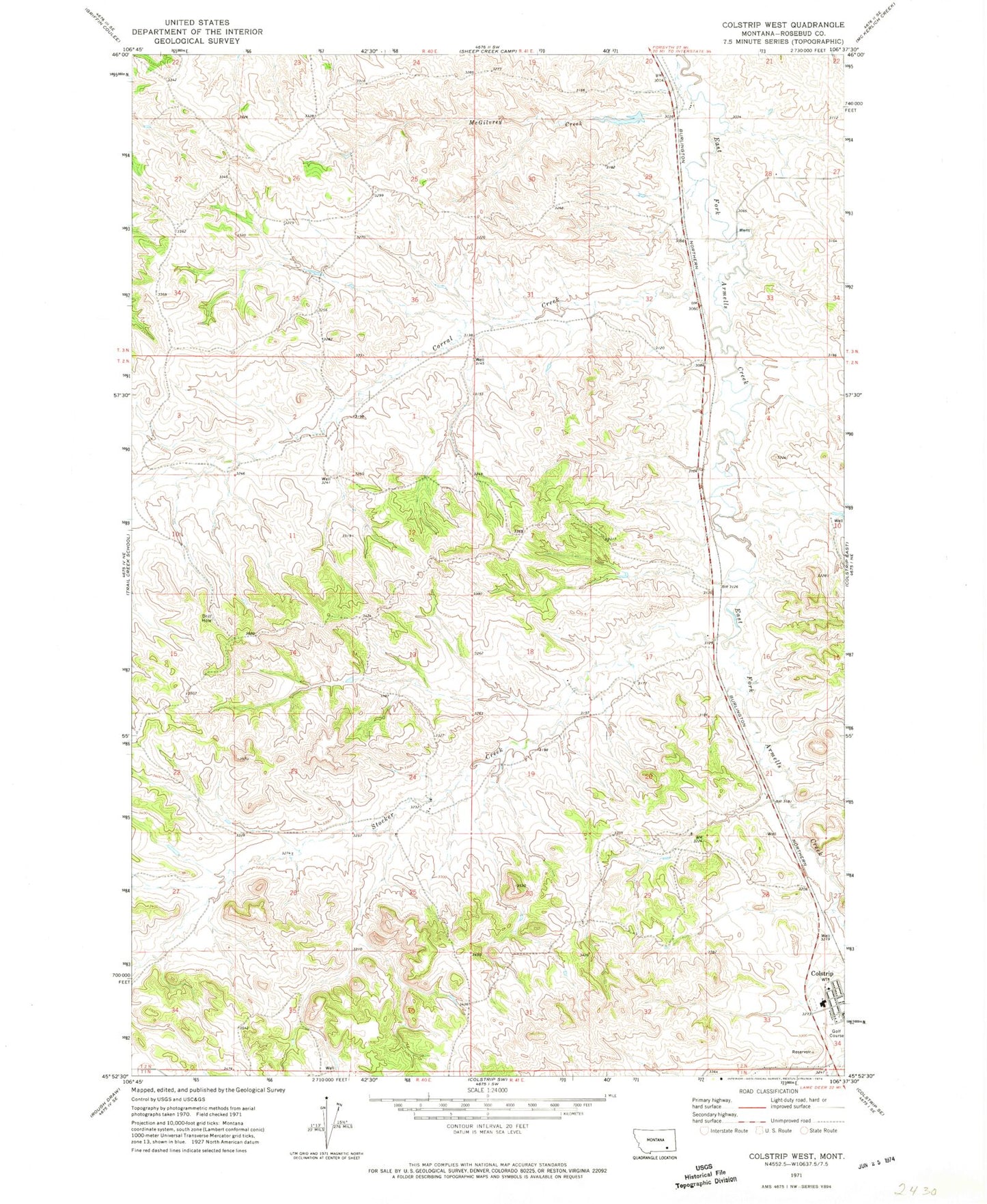 Classic USGS Colstrip West Montana 7.5'x7.5' Topo Map Image