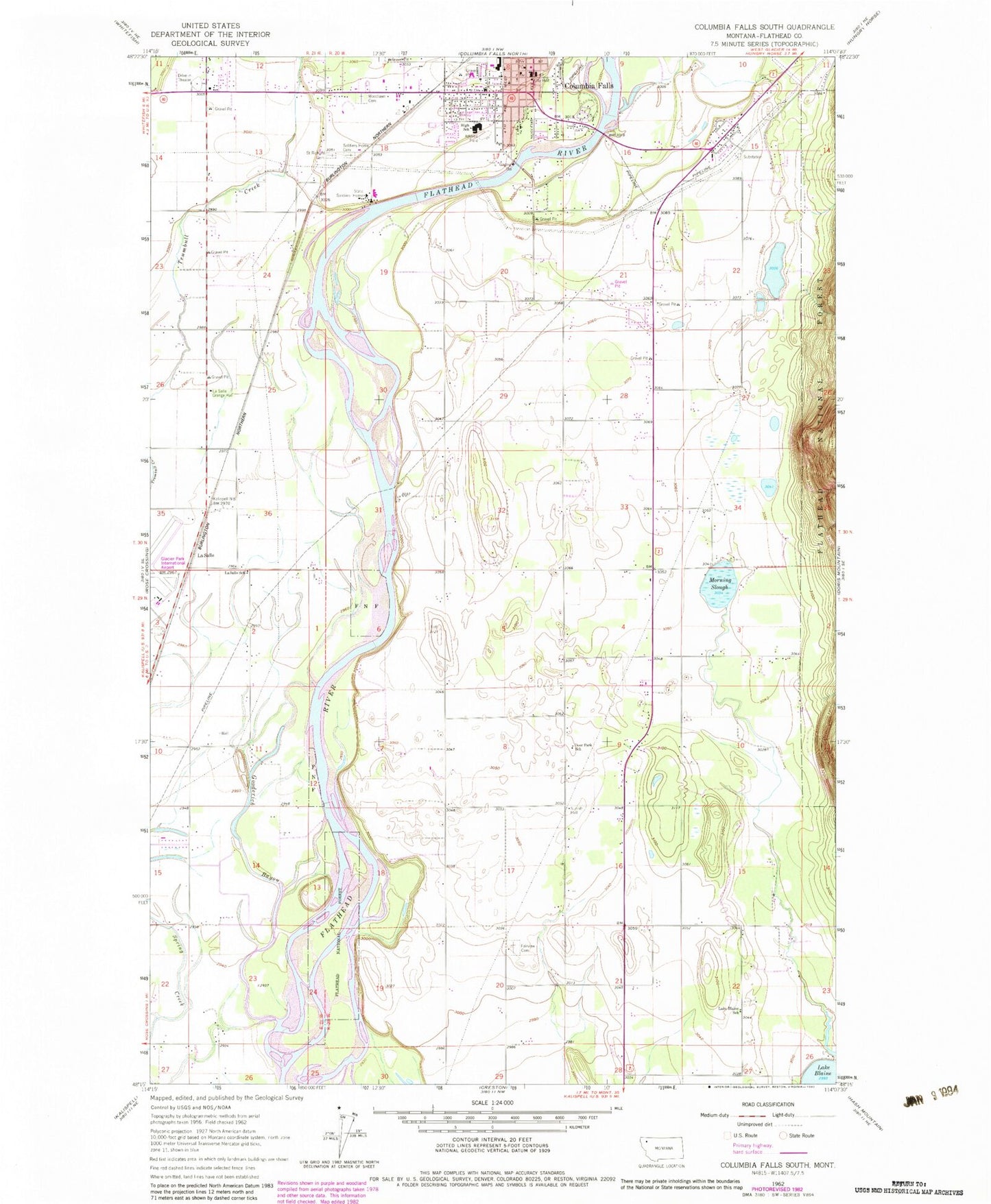 Classic USGS Columbia Falls South Montana 7.5'x7.5' Topo Map Image