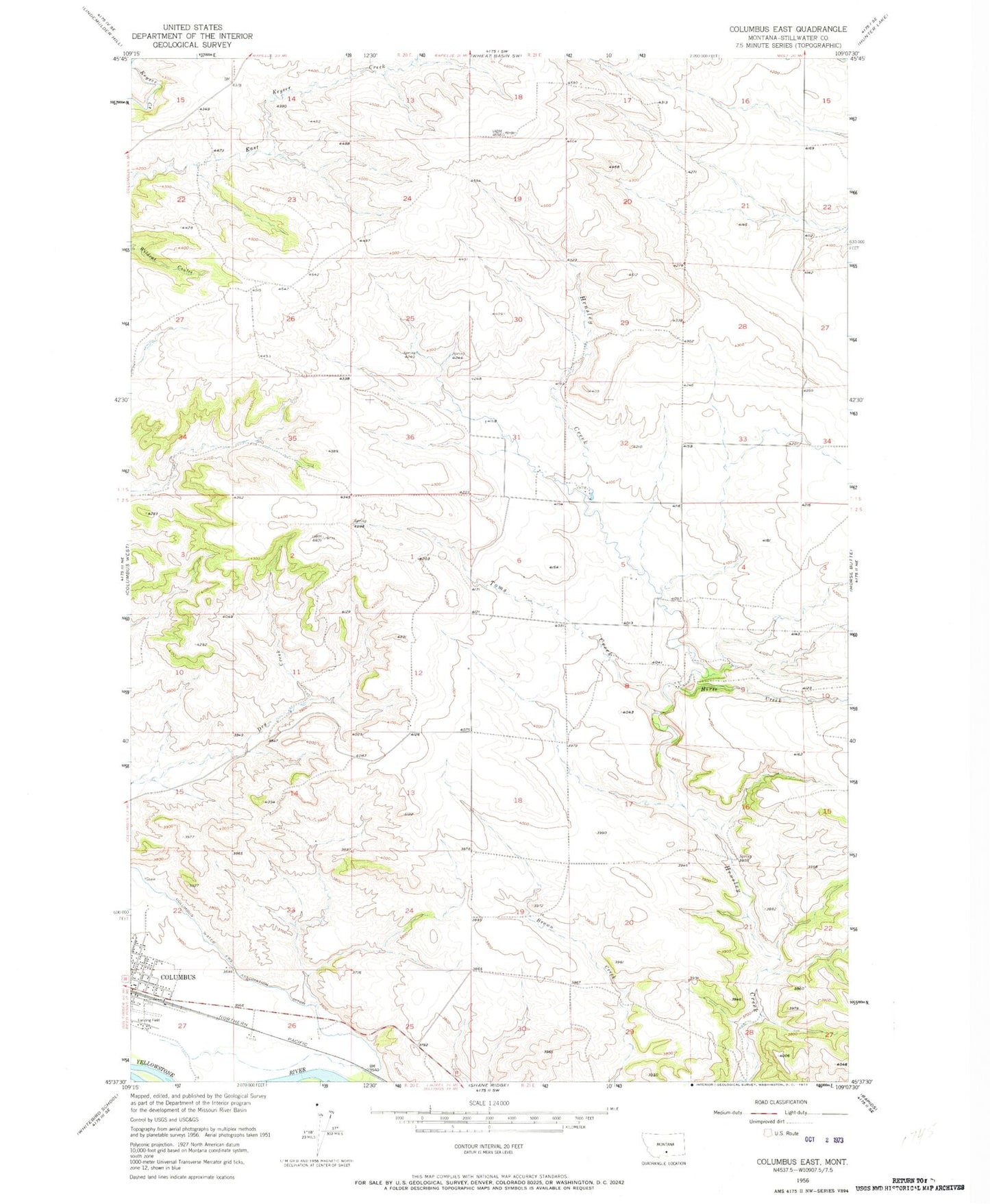 Classic USGS Columbus East Montana 7.5'x7.5' Topo Map Image