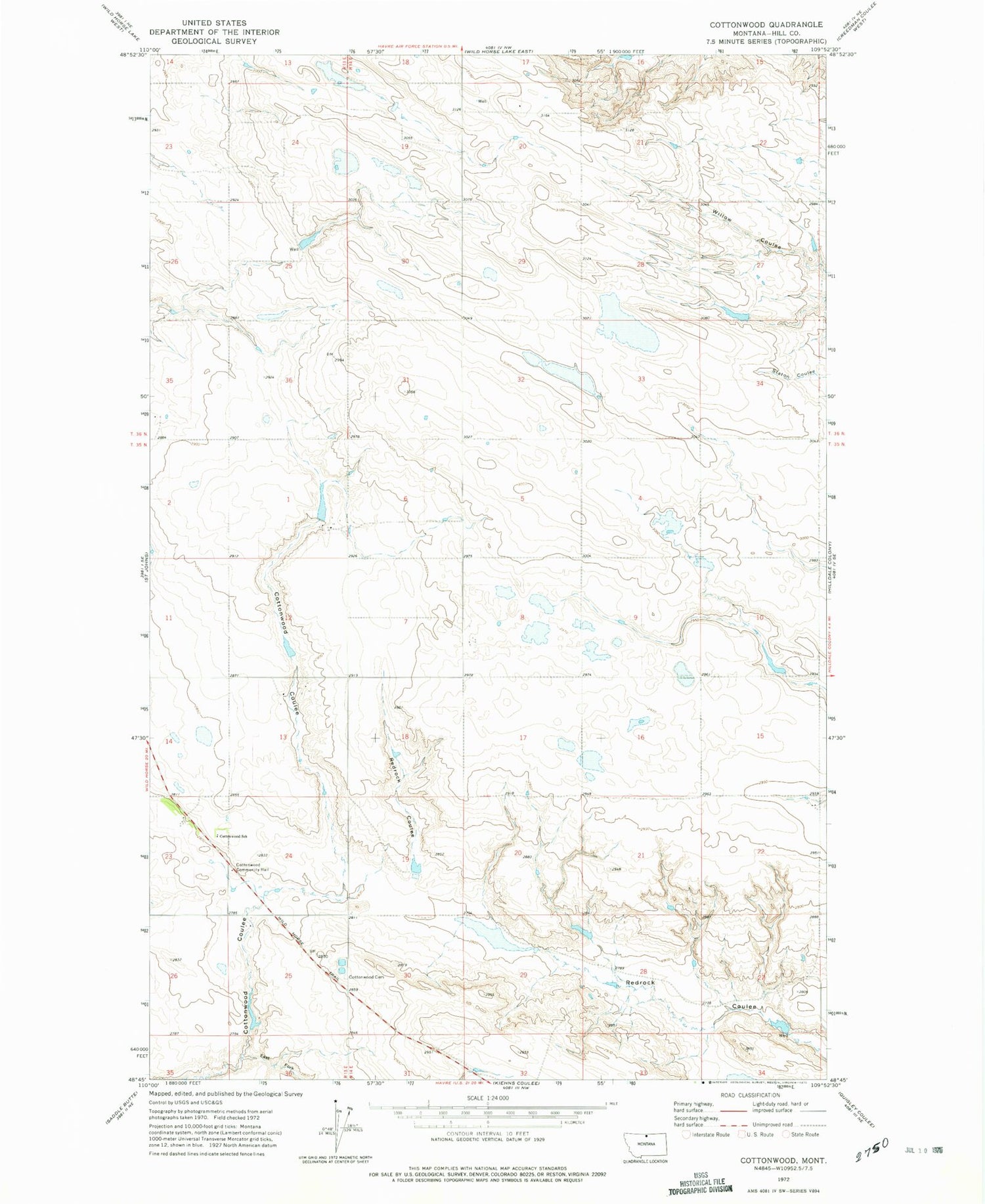 Classic USGS Cottonwood Montana 7.5'x7.5' Topo Map Image