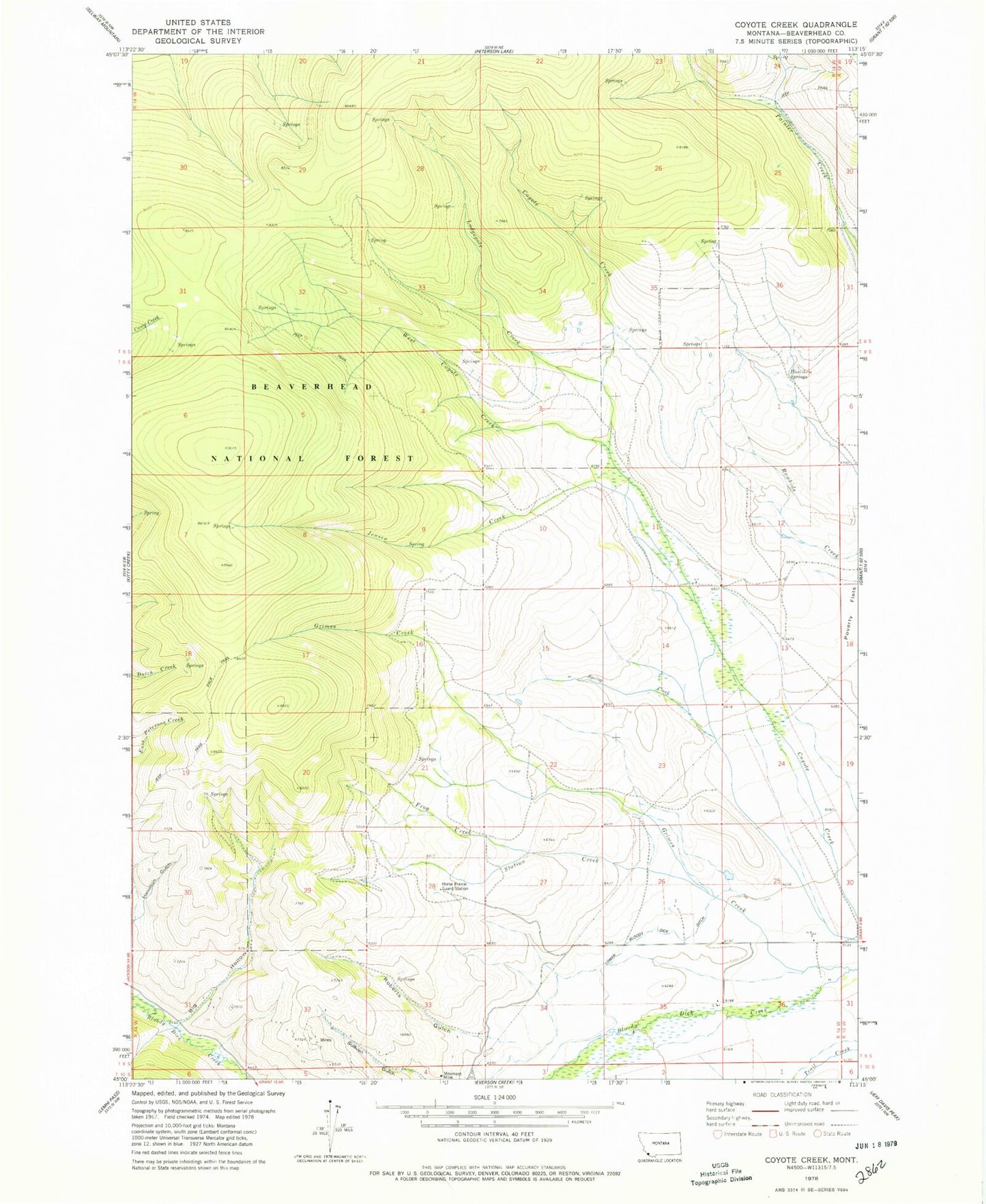 Classic USGS Coyote Creek Montana 7.5'x7.5' Topo Map Image