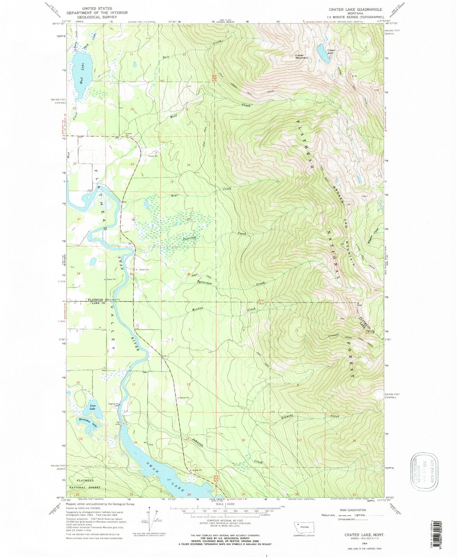 Classic USGS Crater Lake Montana 7.5'x7.5' Topo Map Image