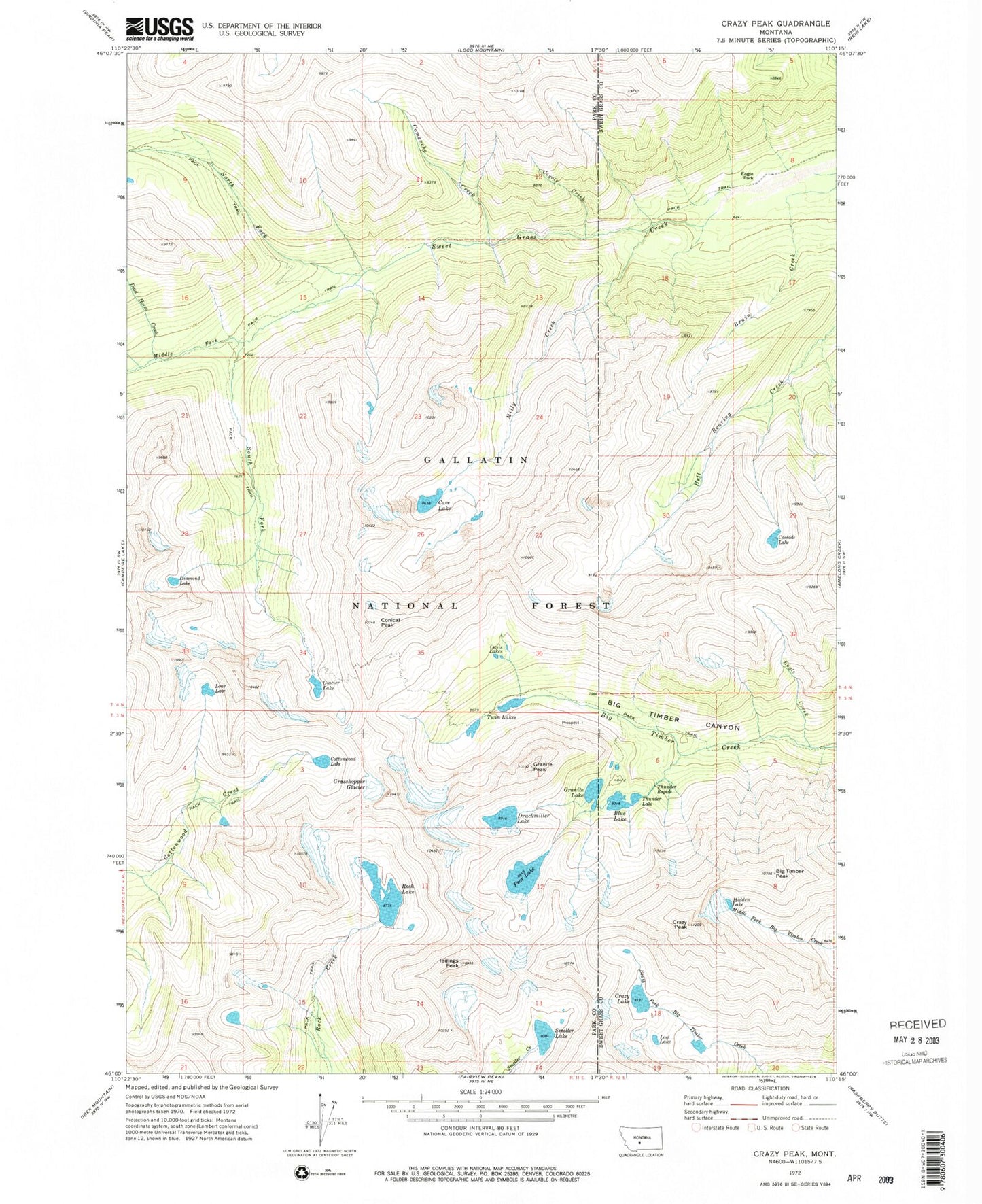 Classic USGS Crazy Peak Montana 7.5'x7.5' Topo Map Image