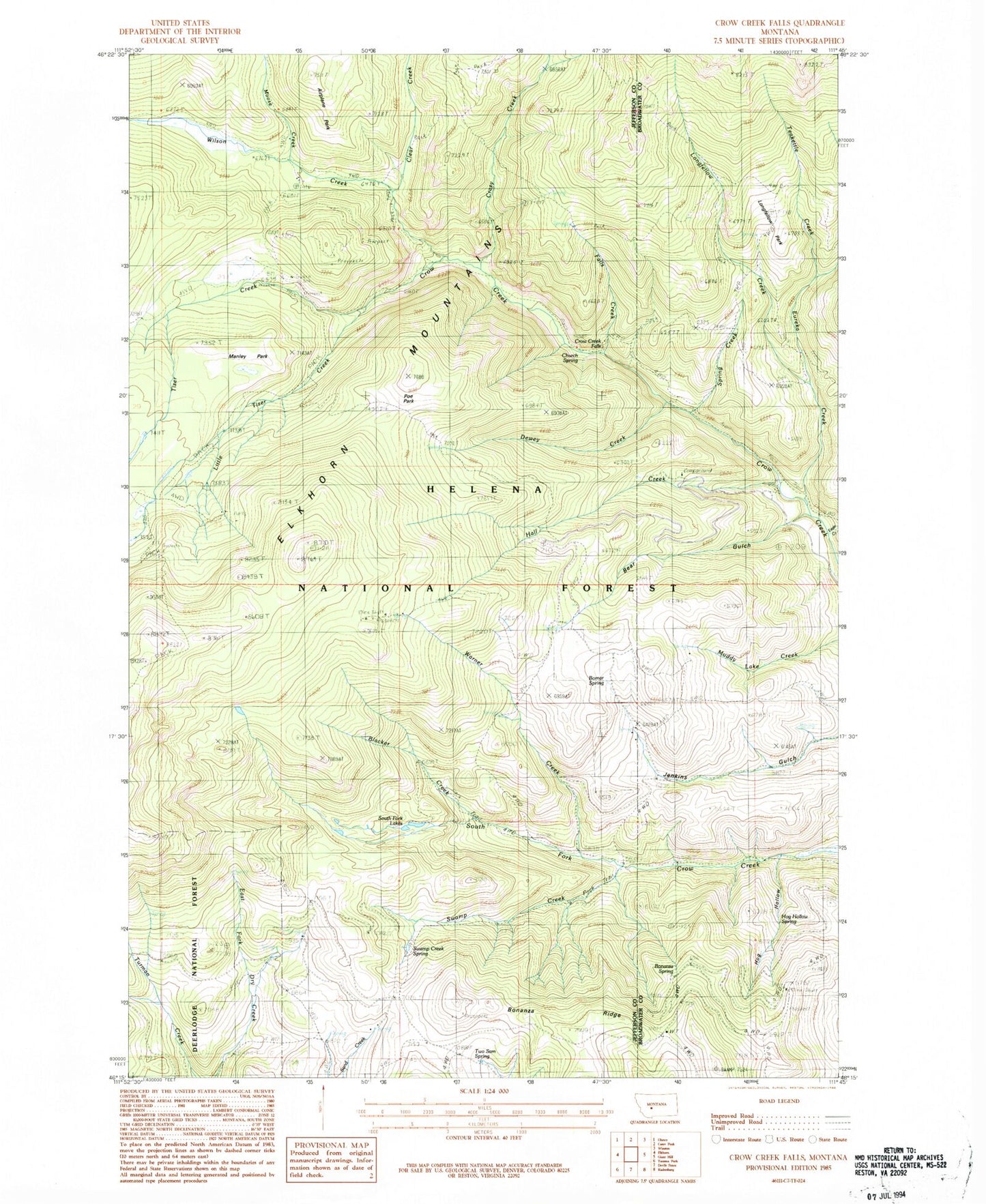 Classic USGS Crow Creek Falls Montana 7.5'x7.5' Topo Map Image