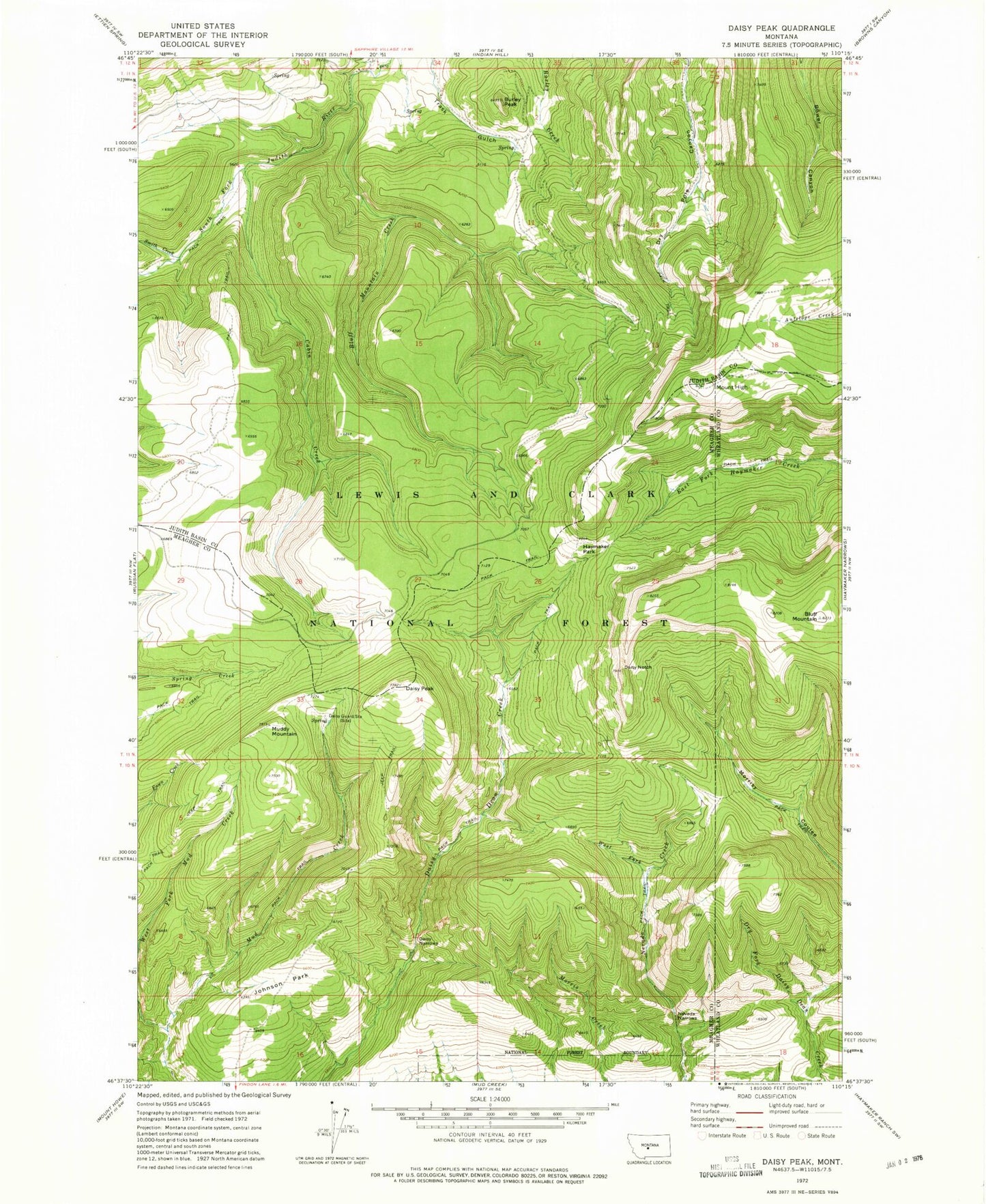 Classic USGS Daisy Peak Montana 7.5'x7.5' Topo Map Image