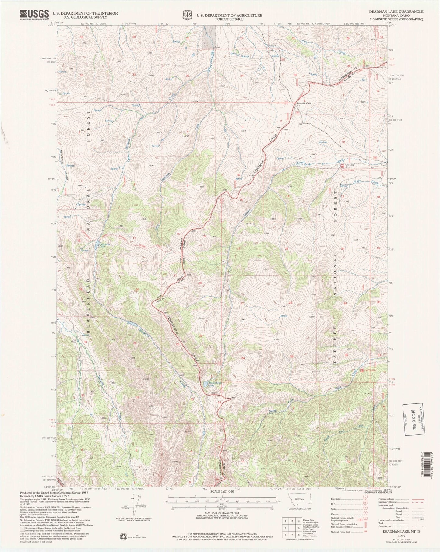 Classic USGS Deadman Lake Montana 7.5'x7.5' Topo Map Image