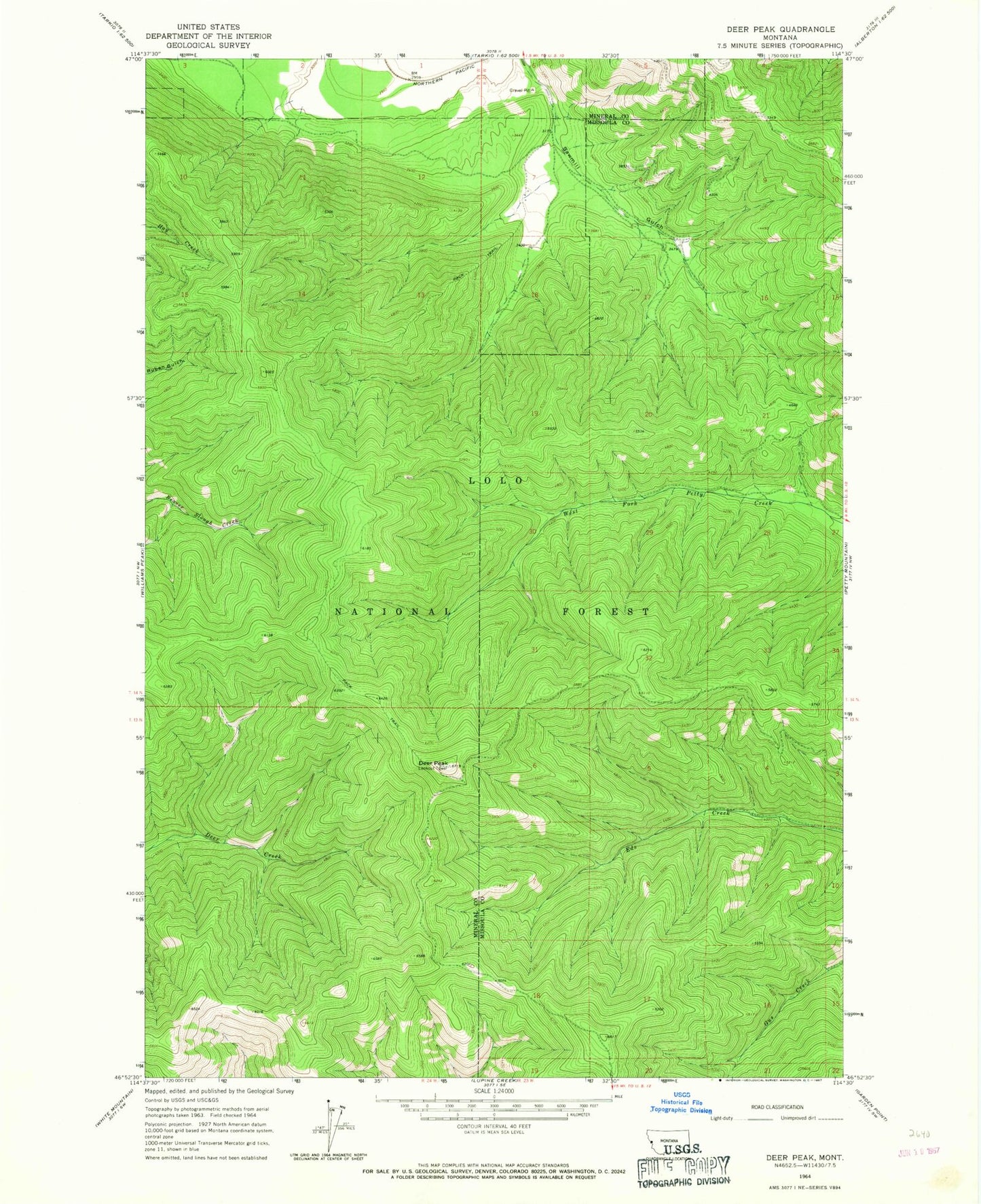 Classic USGS Deer Peak Montana 7.5'x7.5' Topo Map Image