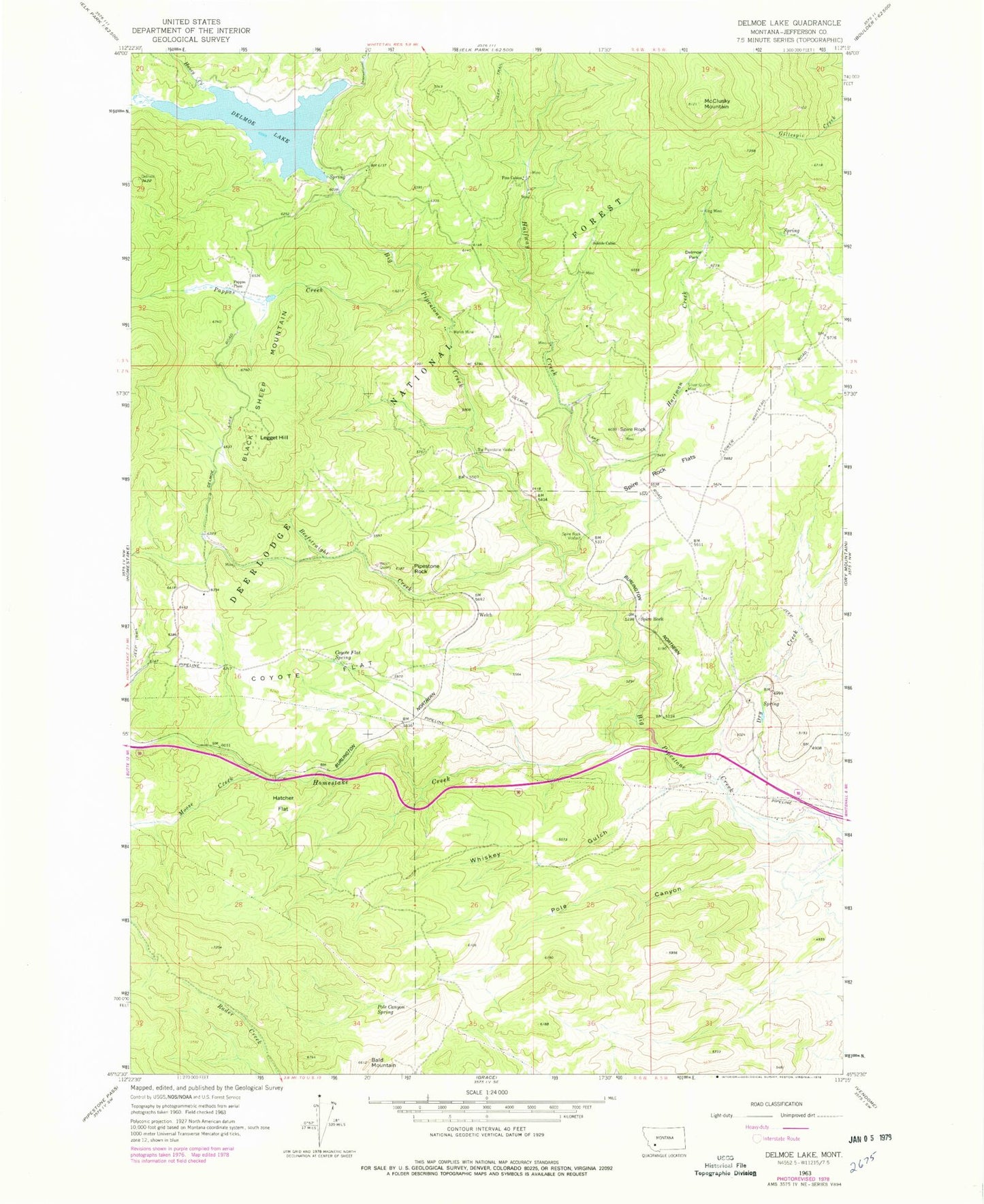 Classic USGS Delmoe Lake Montana 7.5'x7.5' Topo Map Image