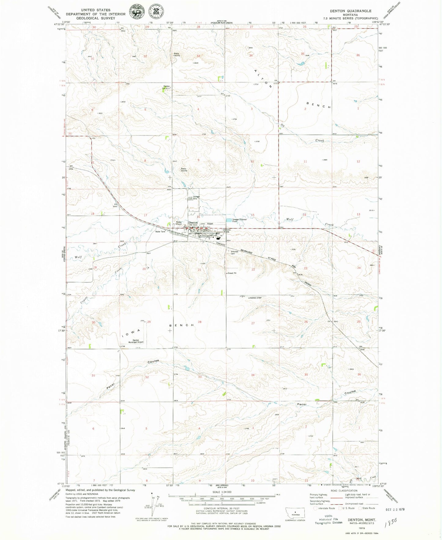 Classic USGS Denton Montana 7.5'x7.5' Topo Map Image