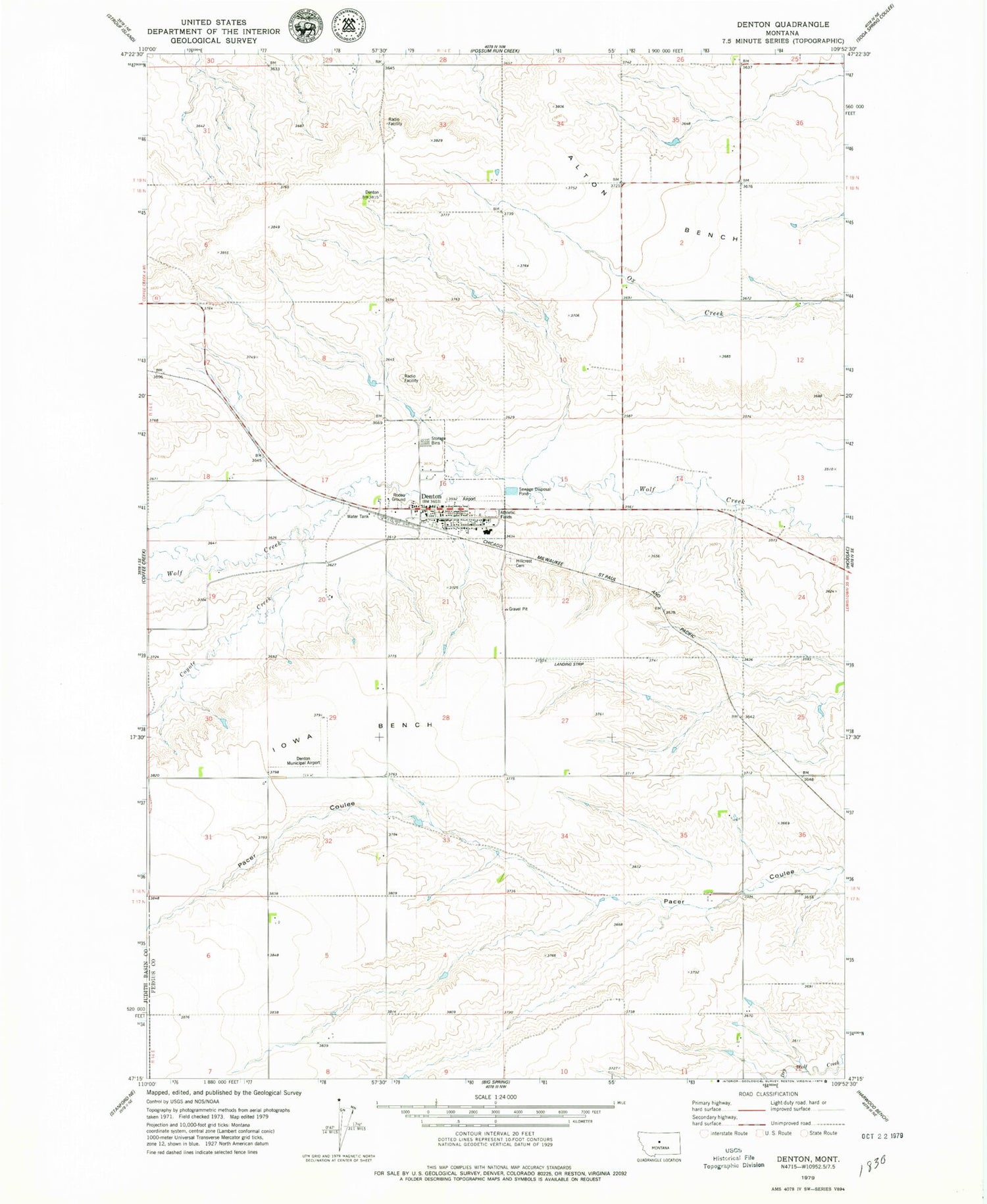 Classic USGS Denton Montana 7.5'x7.5' Topo Map Image