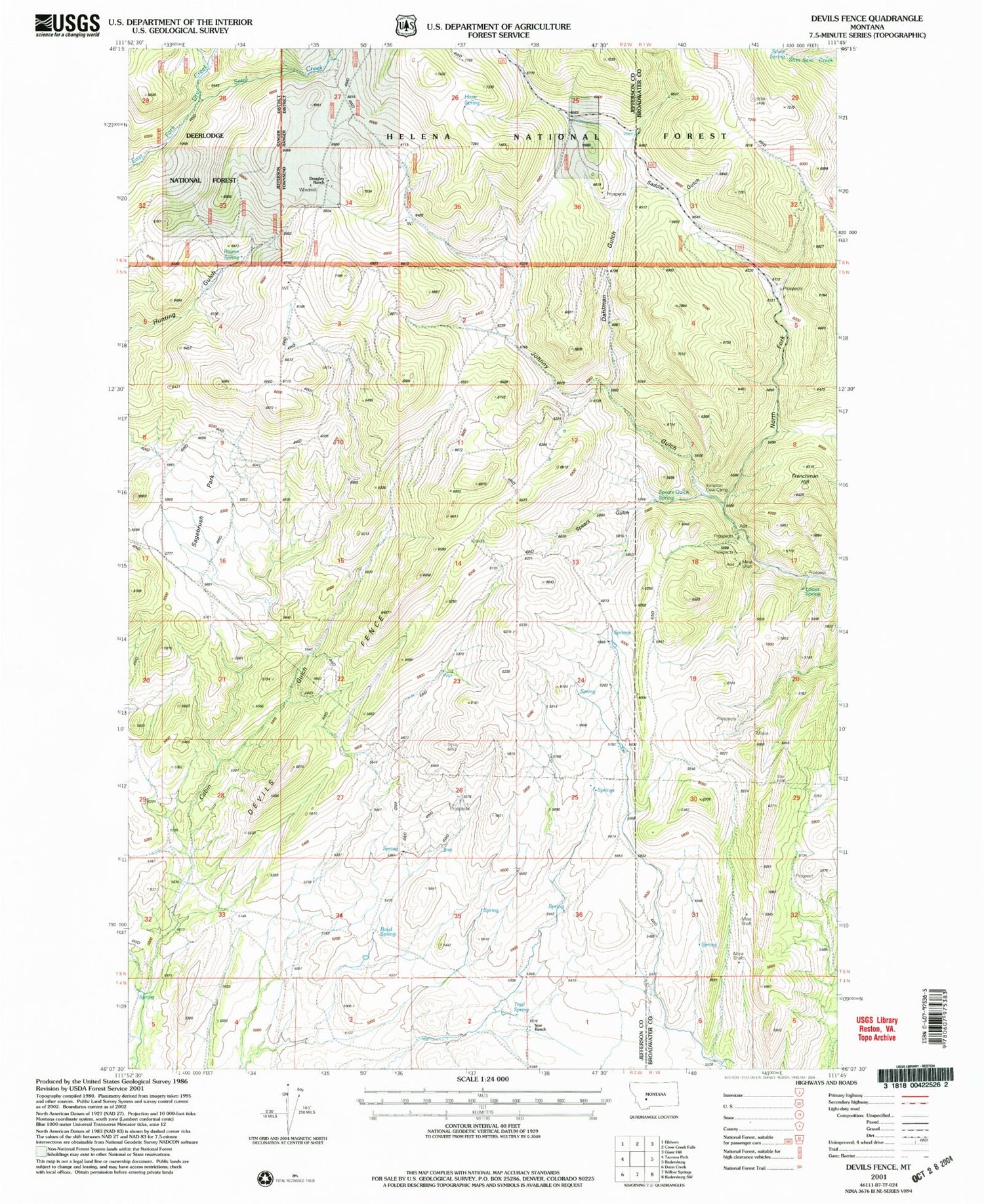 Classic USGS Devils Fence Montana 7.5'x7.5' Topo Map Image