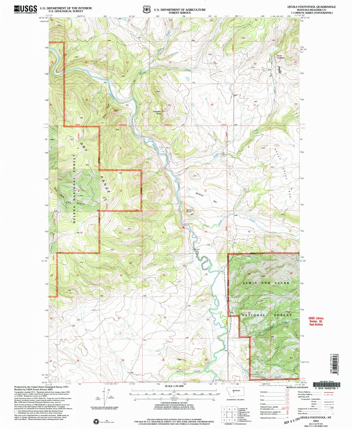 Classic USGS Devils Footstool Montana 7.5'x7.5' Topo Map Image