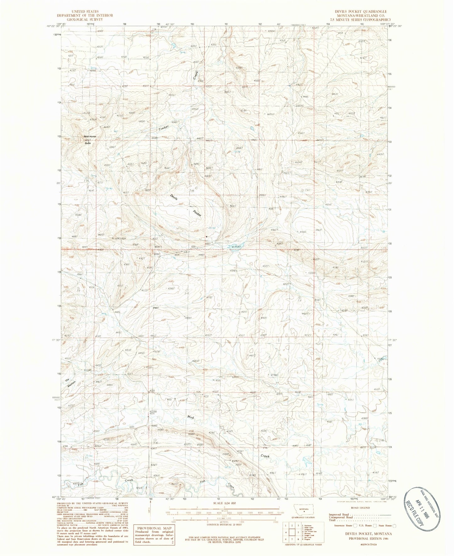 Classic USGS Devils Pocket Montana 7.5'x7.5' Topo Map Image