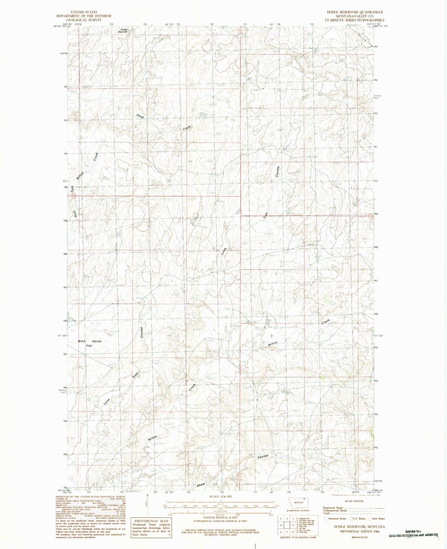 Classic USGS Dodge Reservoir Montana 7.5'x7.5' Topo Map Image