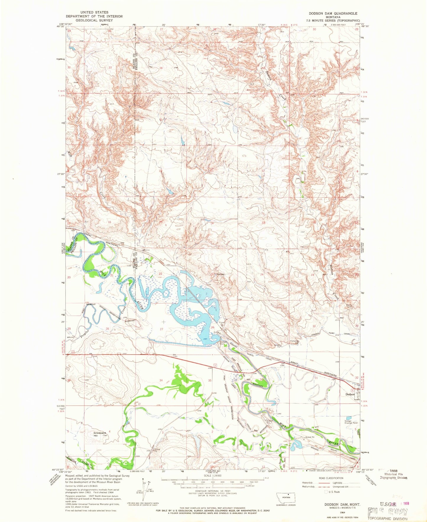 Classic USGS Dodson Dam Montana 7.5'x7.5' Topo Map Image