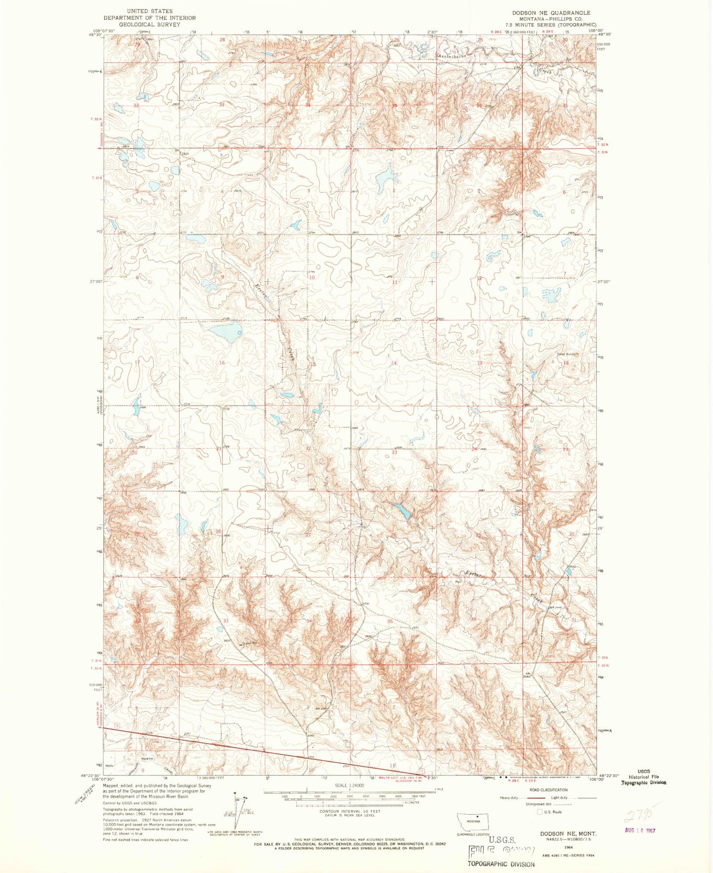 Classic USGS Dodson NE Montana 7.5'x7.5' Topo Map Image