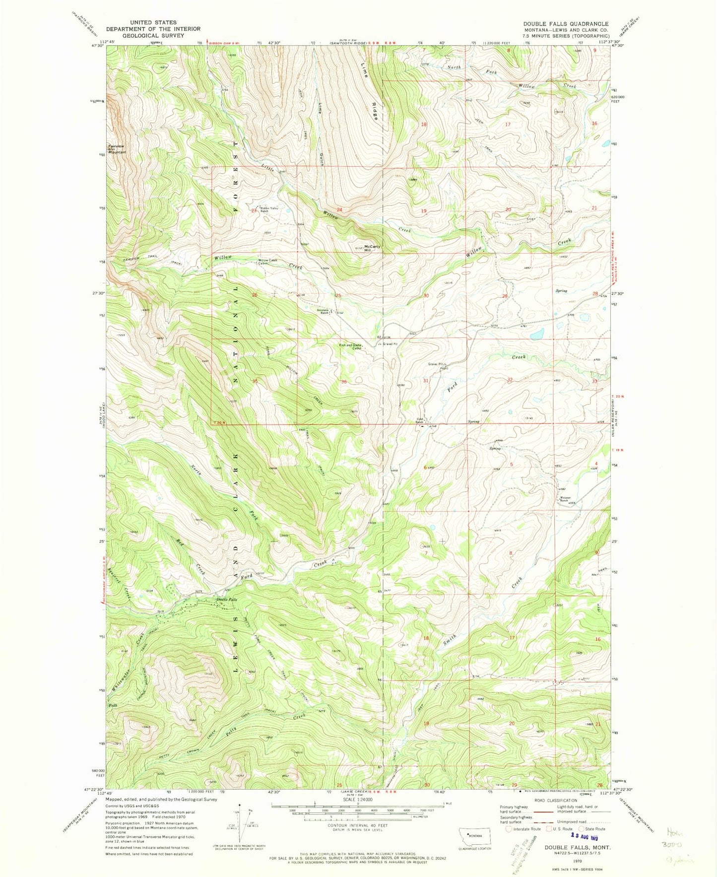 Classic USGS Double Falls Montana 7.5'x7.5' Topo Map Image