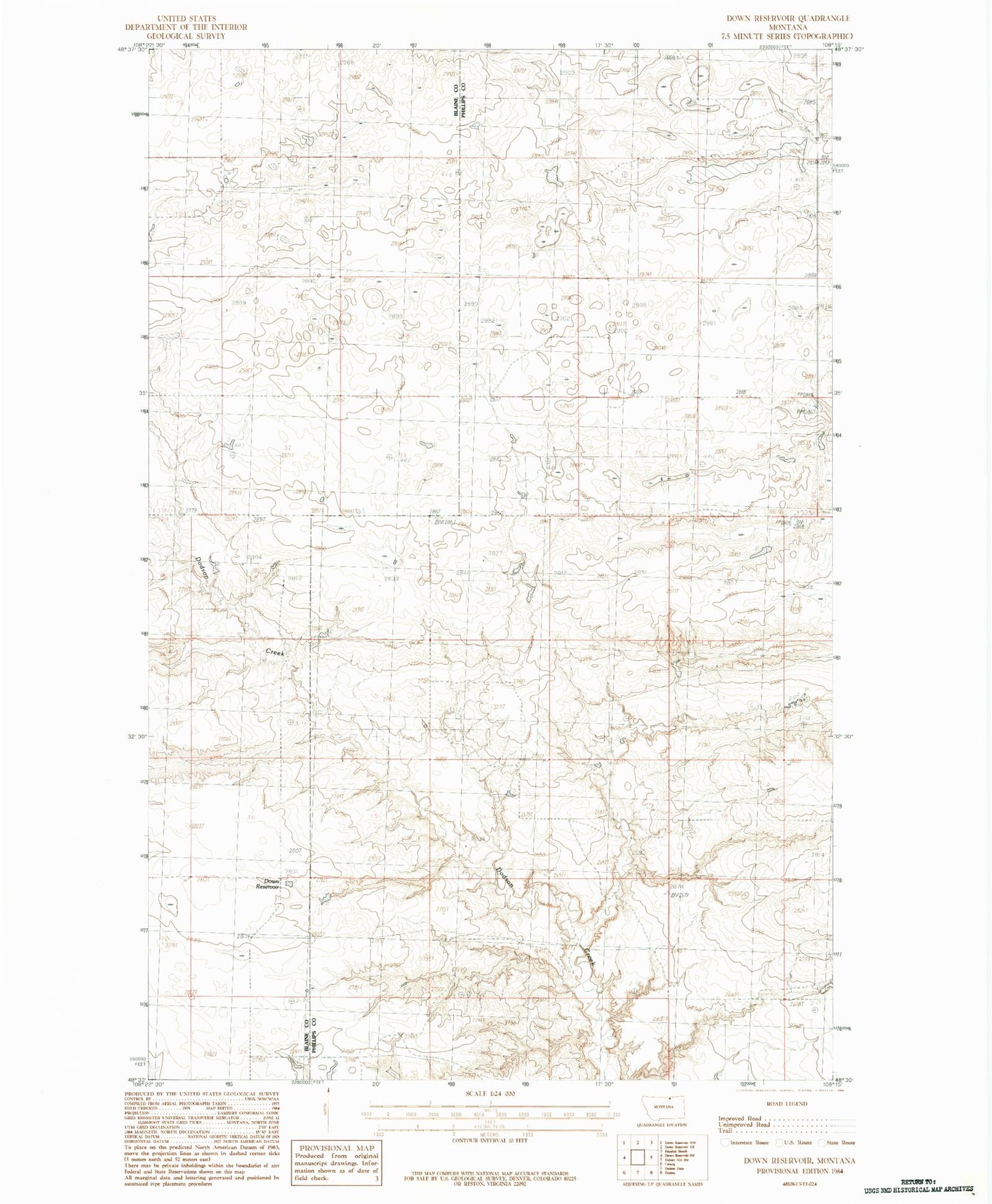 Classic USGS Down Reservoir Montana 7.5'x7.5' Topo Map Image