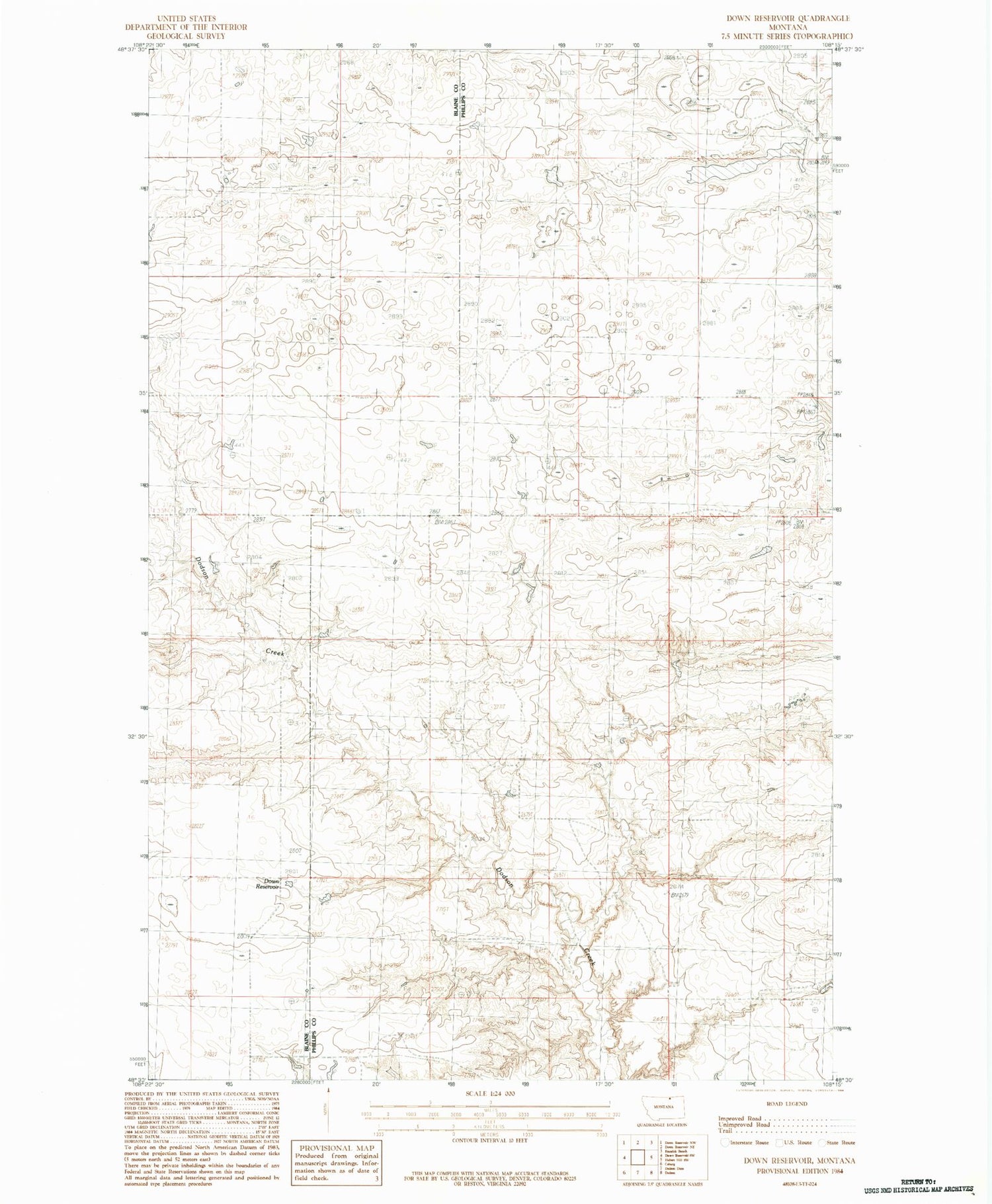 Classic USGS Down Reservoir Montana 7.5'x7.5' Topo Map Image
