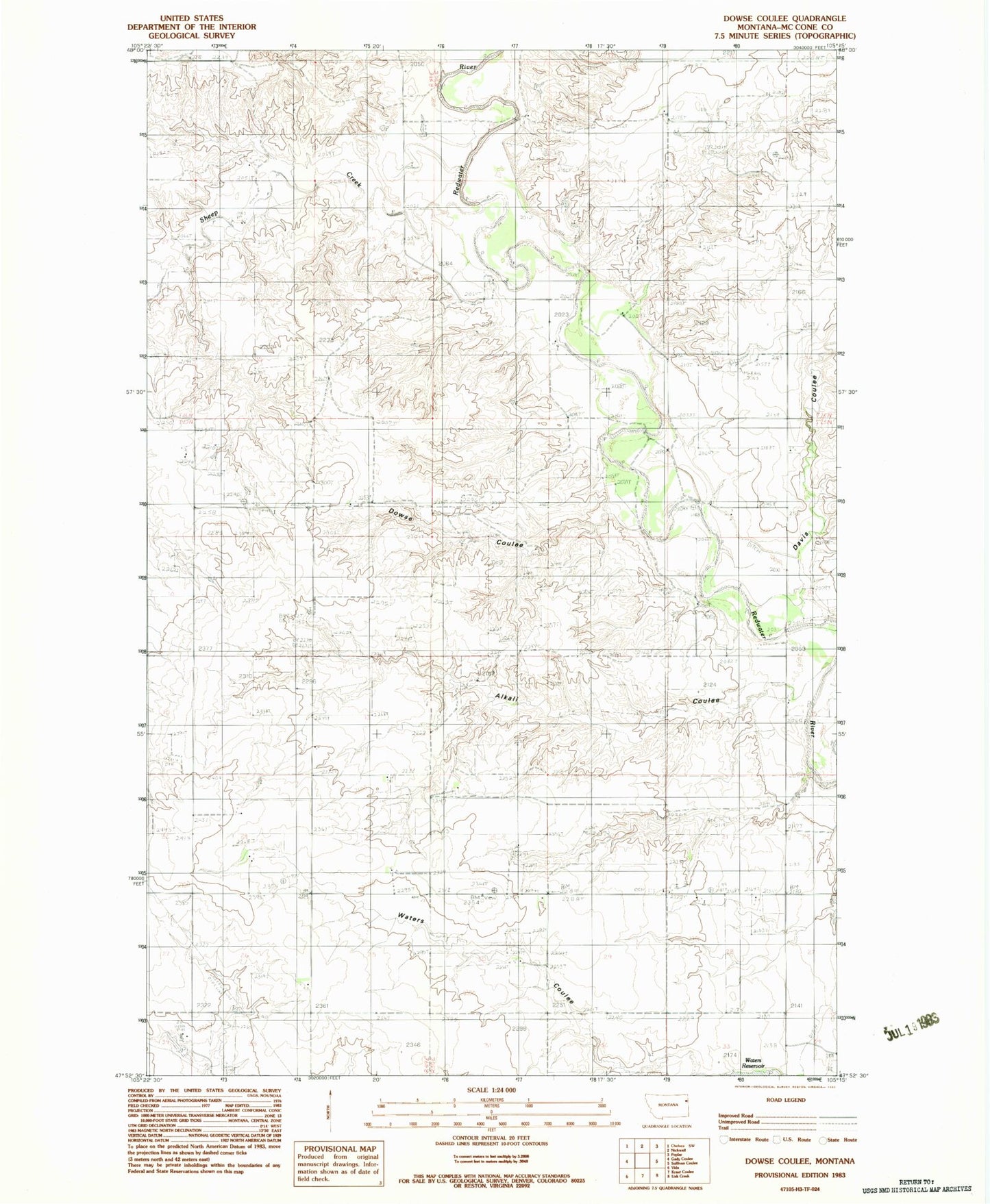 Classic USGS Dowse Coulee Montana 7.5'x7.5' Topo Map Image