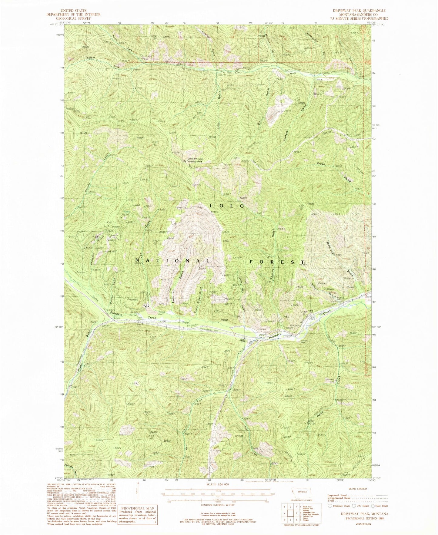 Classic USGS Driveway Peak Montana 7.5'x7.5' Topo Map Image