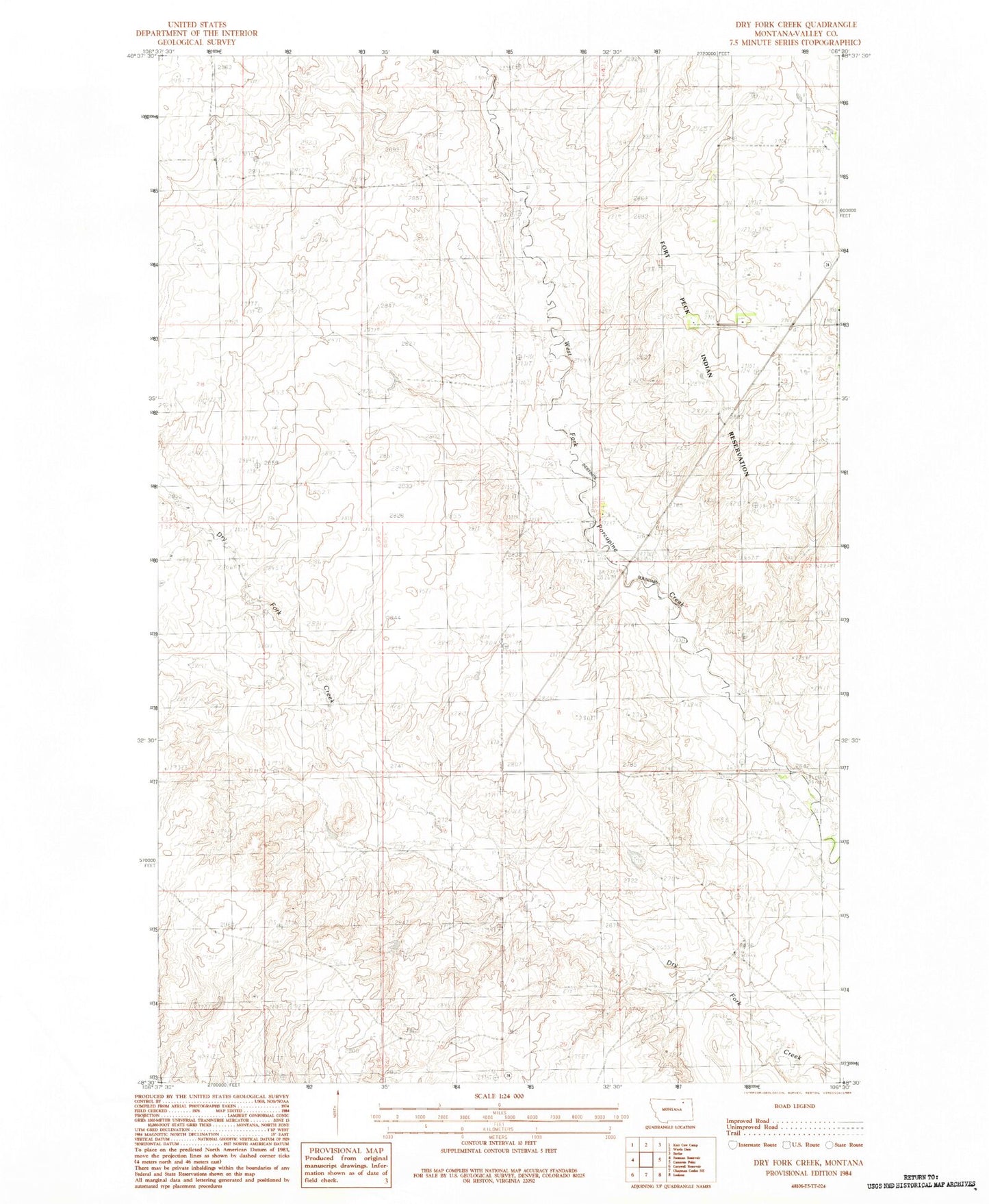 Classic USGS Dry Fork Creek Montana 7.5'x7.5' Topo Map Image
