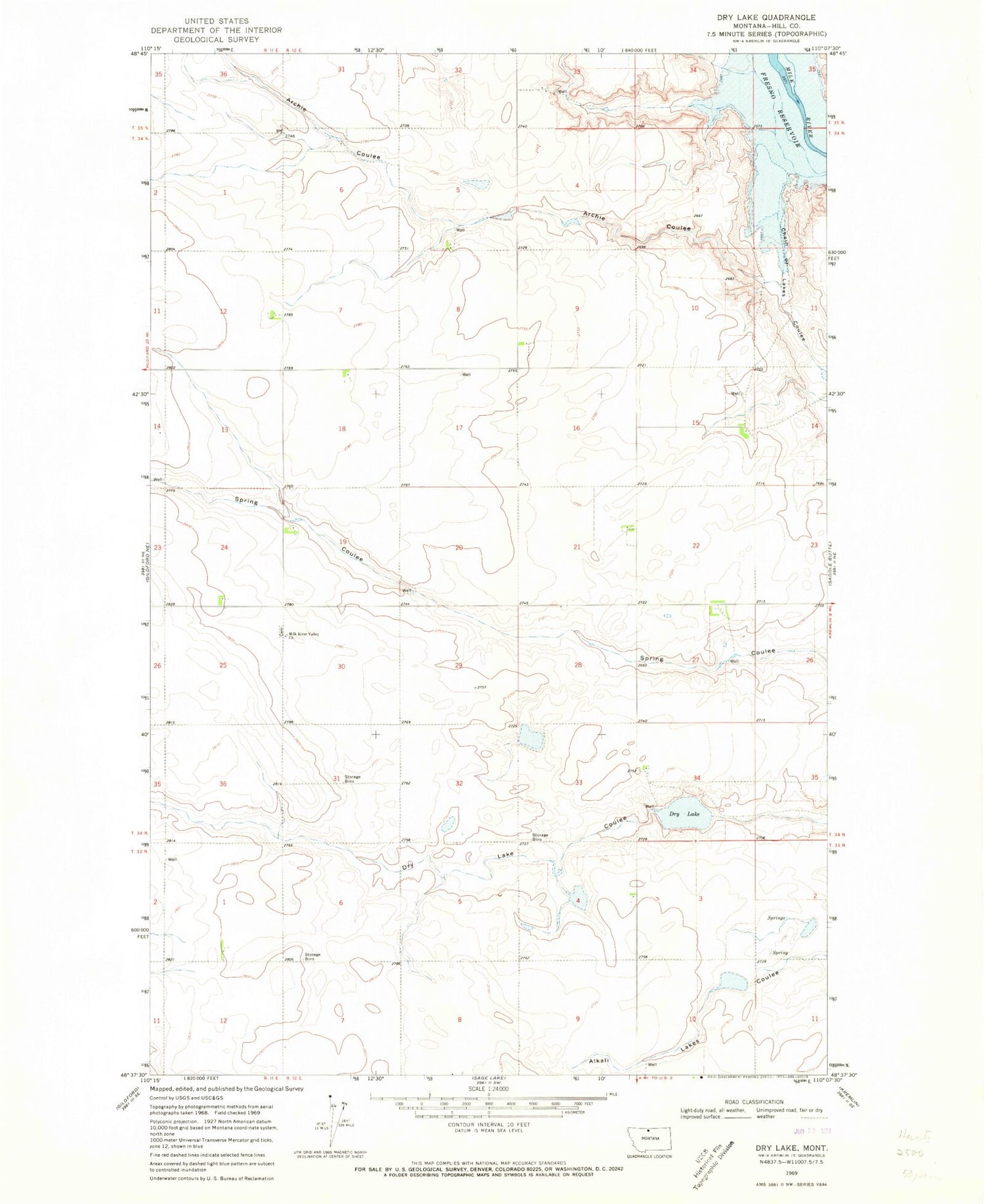 Classic USGS Dry Lake Montana 7.5'x7.5' Topo Map Image