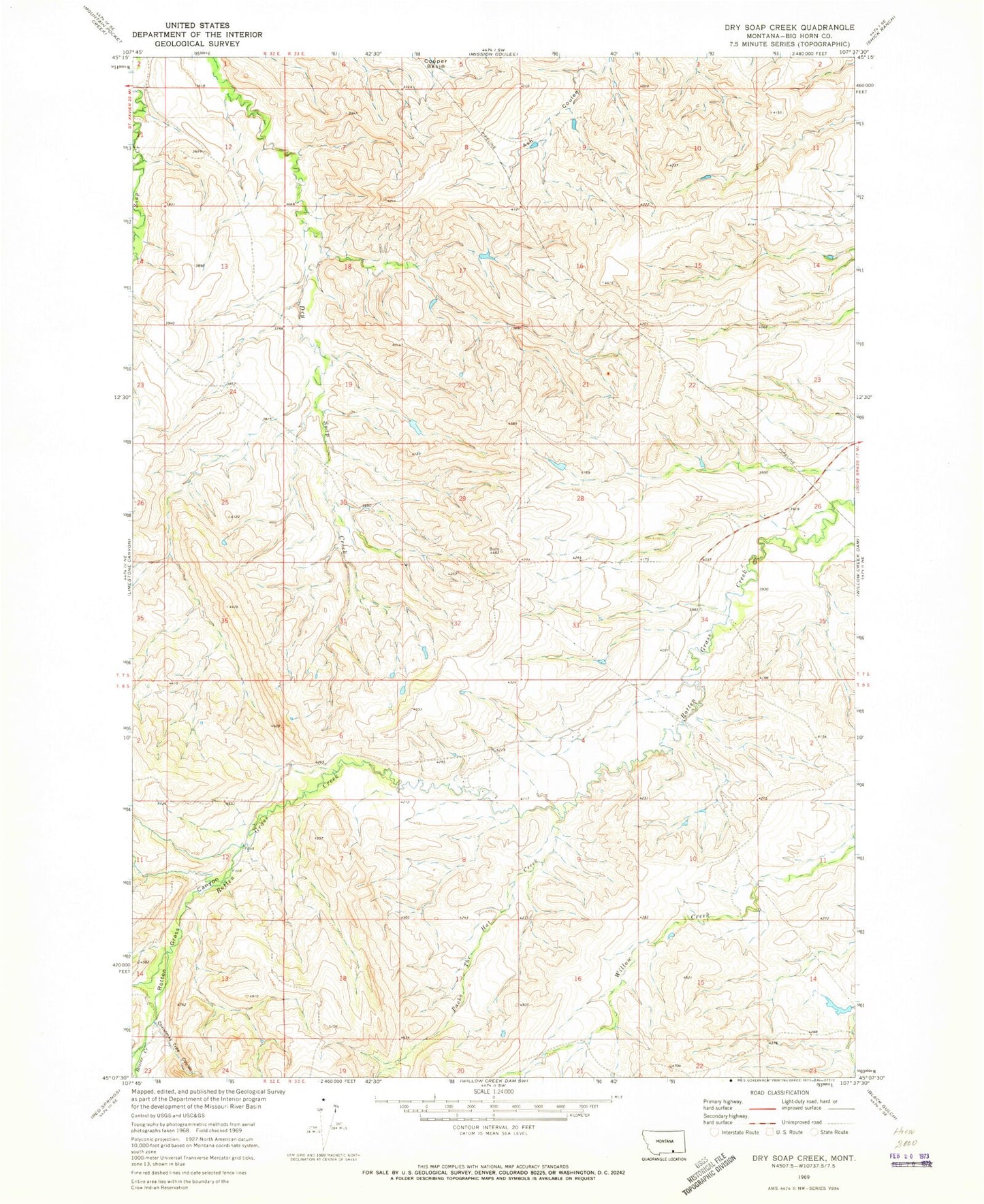Classic USGS Dry Soap Creek Montana 7.5'x7.5' Topo Map Image