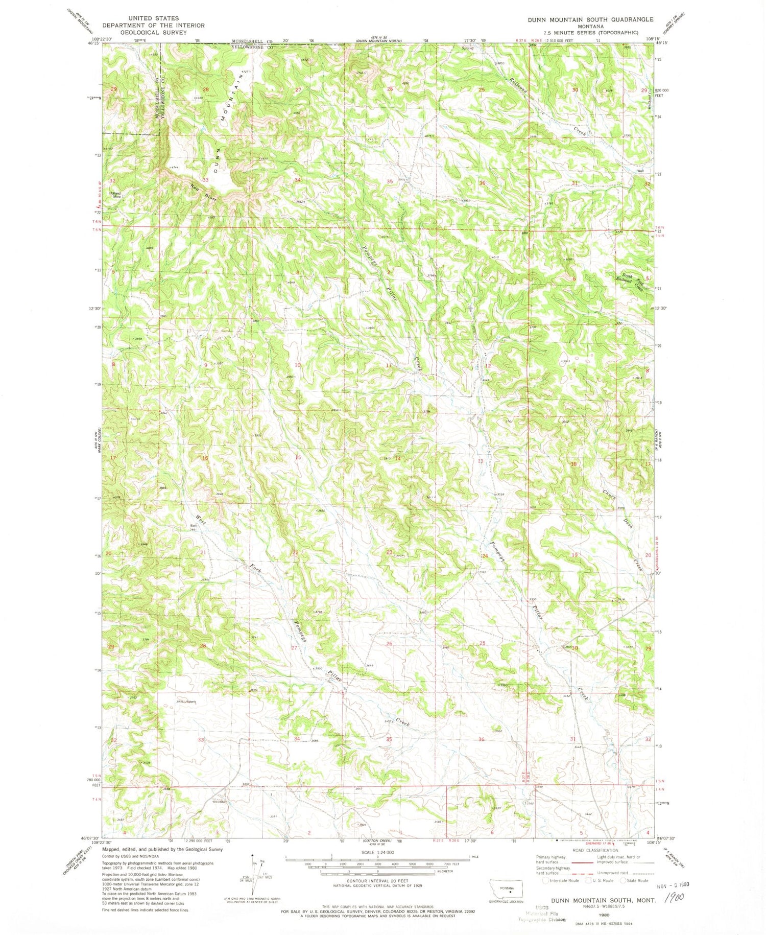 Classic USGS Dunn Mountain South Montana 7.5'x7.5' Topo Map Image