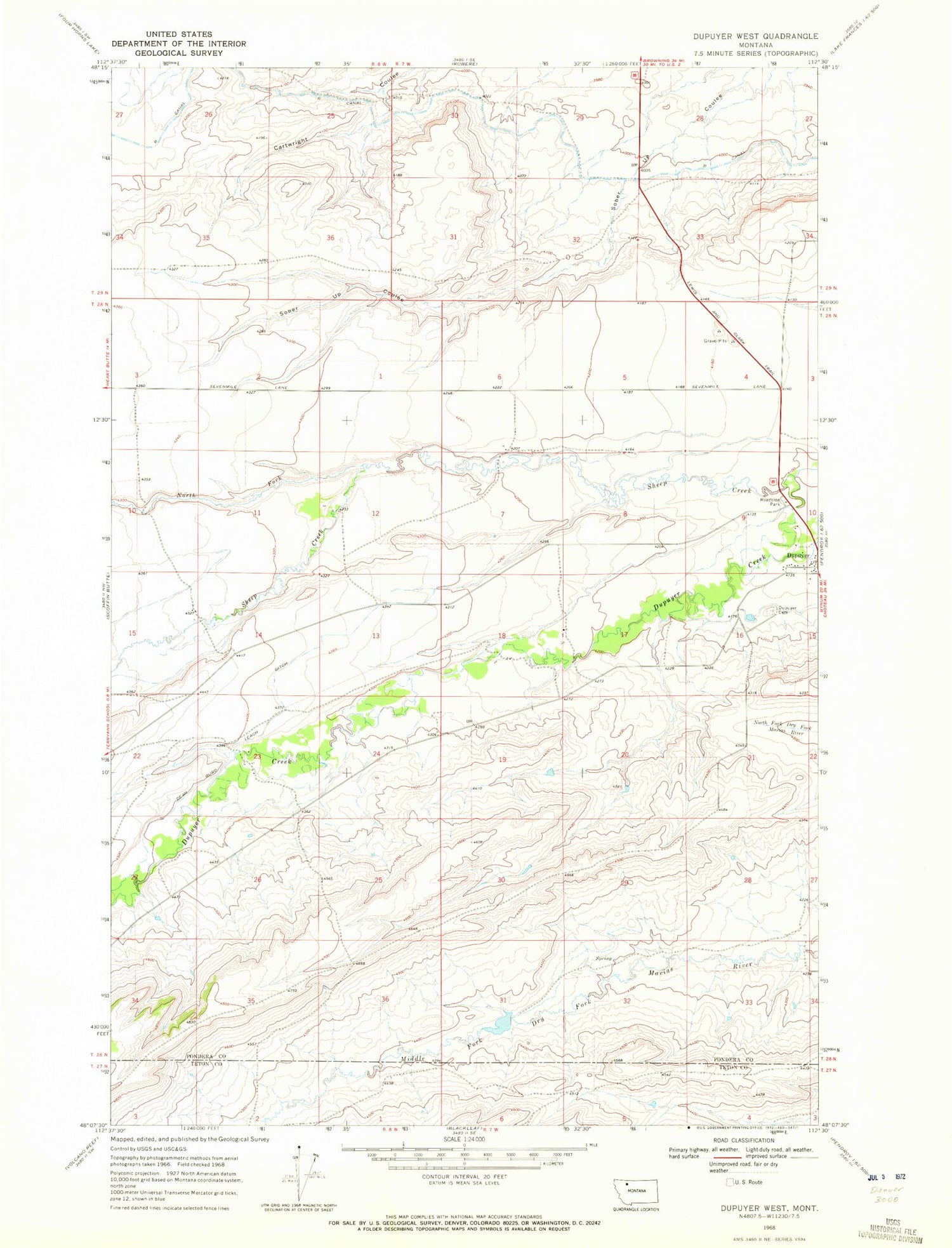 Classic USGS Dupuyer West Montana 7.5'x7.5' Topo Map Image