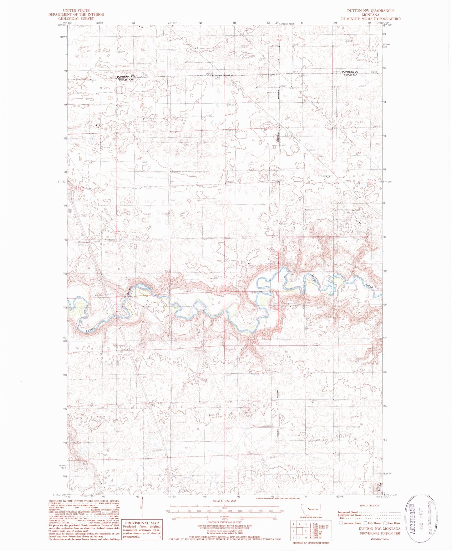Classic USGS Dutton NW Montana 7.5'x7.5' Topo Map Image
