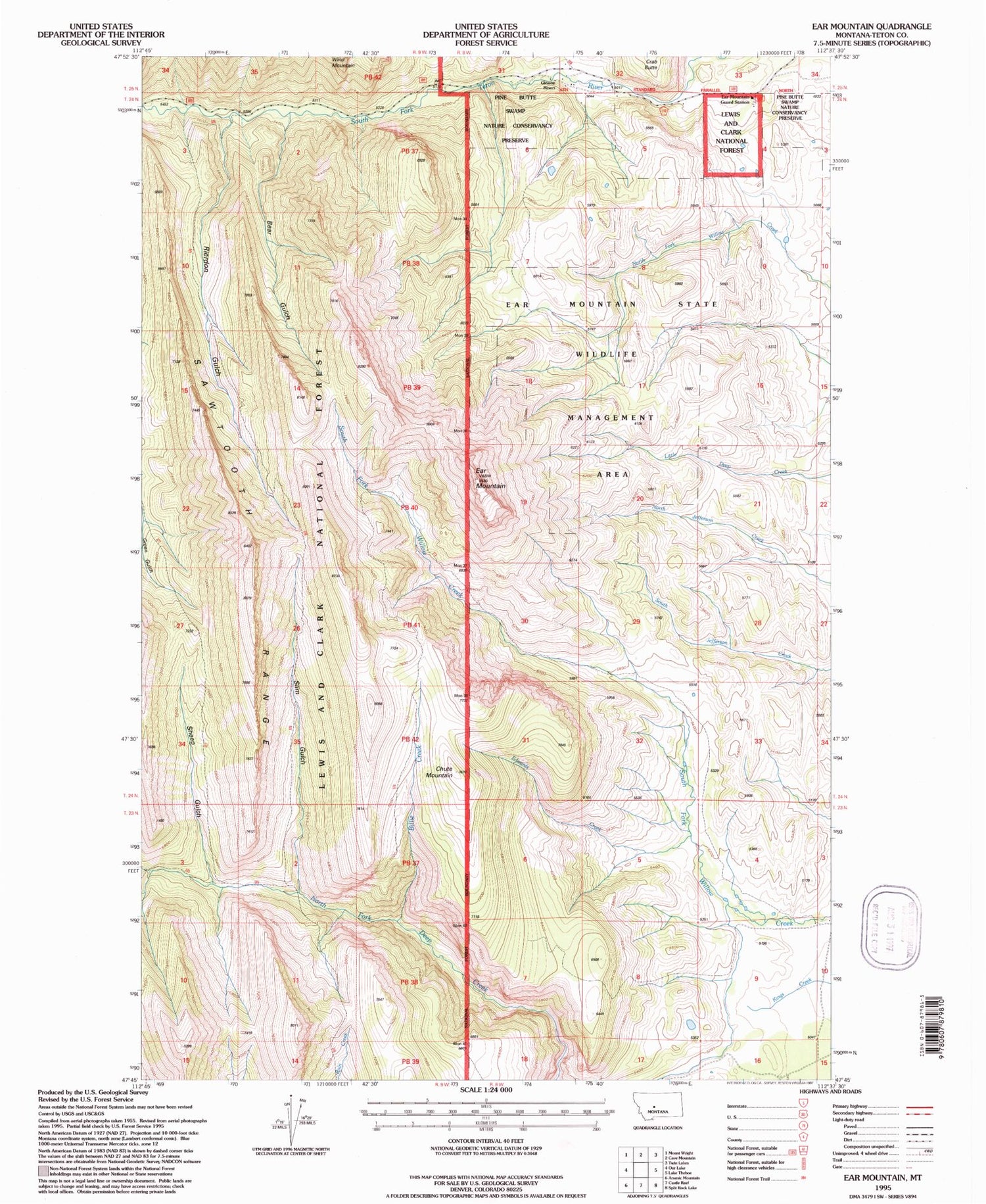 Classic USGS Ear Mountain Montana 7.5'x7.5' Topo Map Image