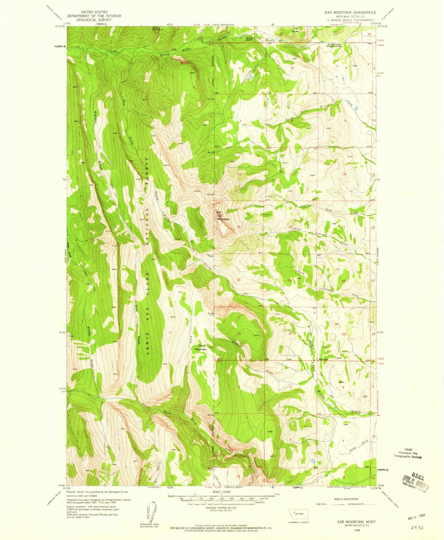 Classic USGS Ear Mountain Montana 7.5'x7.5' Topo Map Image