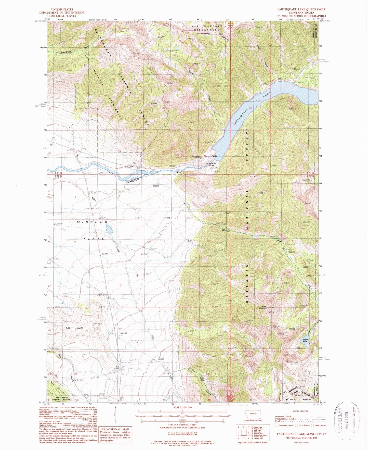 Classic USGS Earthquake Lake Montana 7.5'x7.5' Topo Map Image