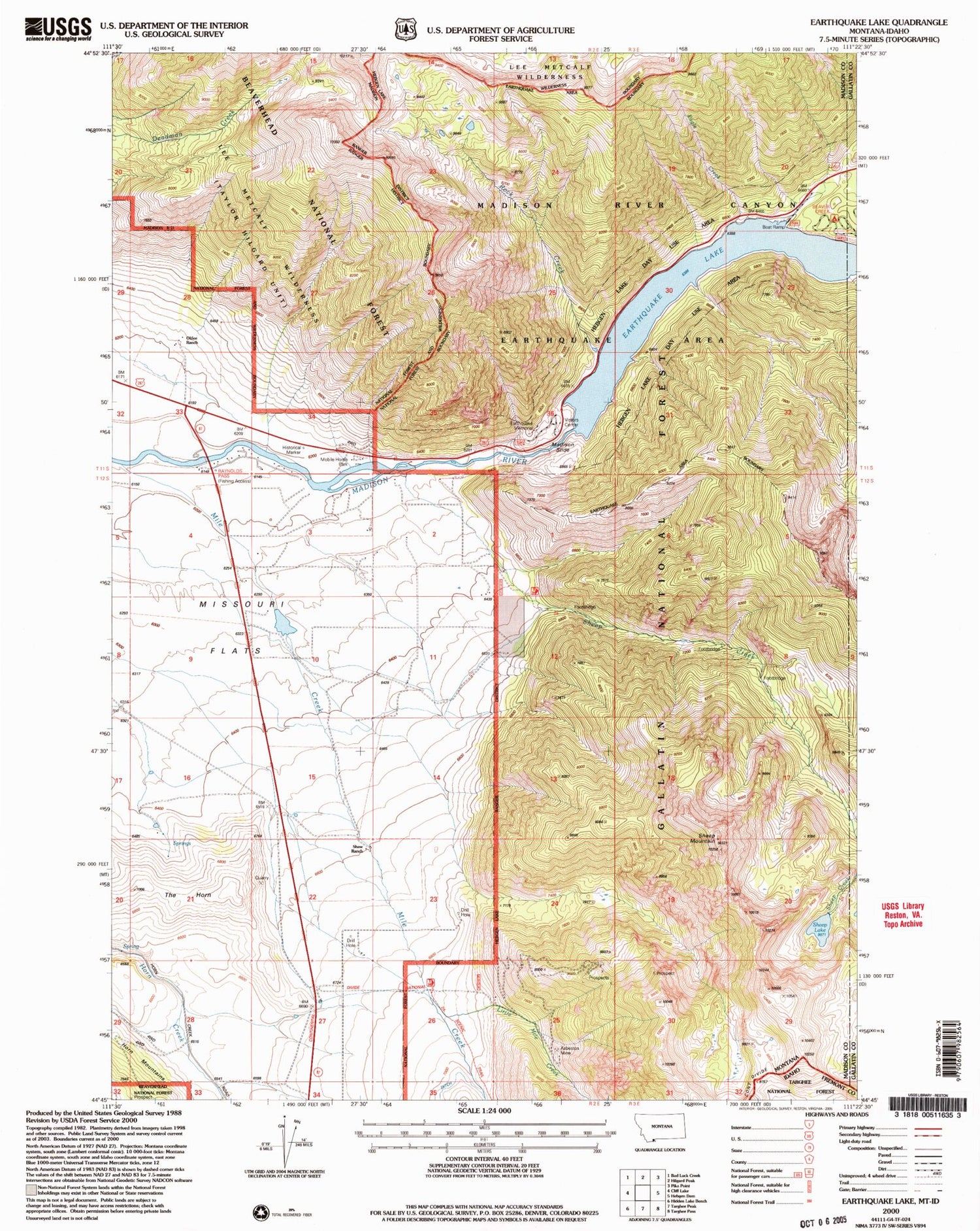 Classic USGS Earthquake Lake Montana 7.5'x7.5' Topo Map Image