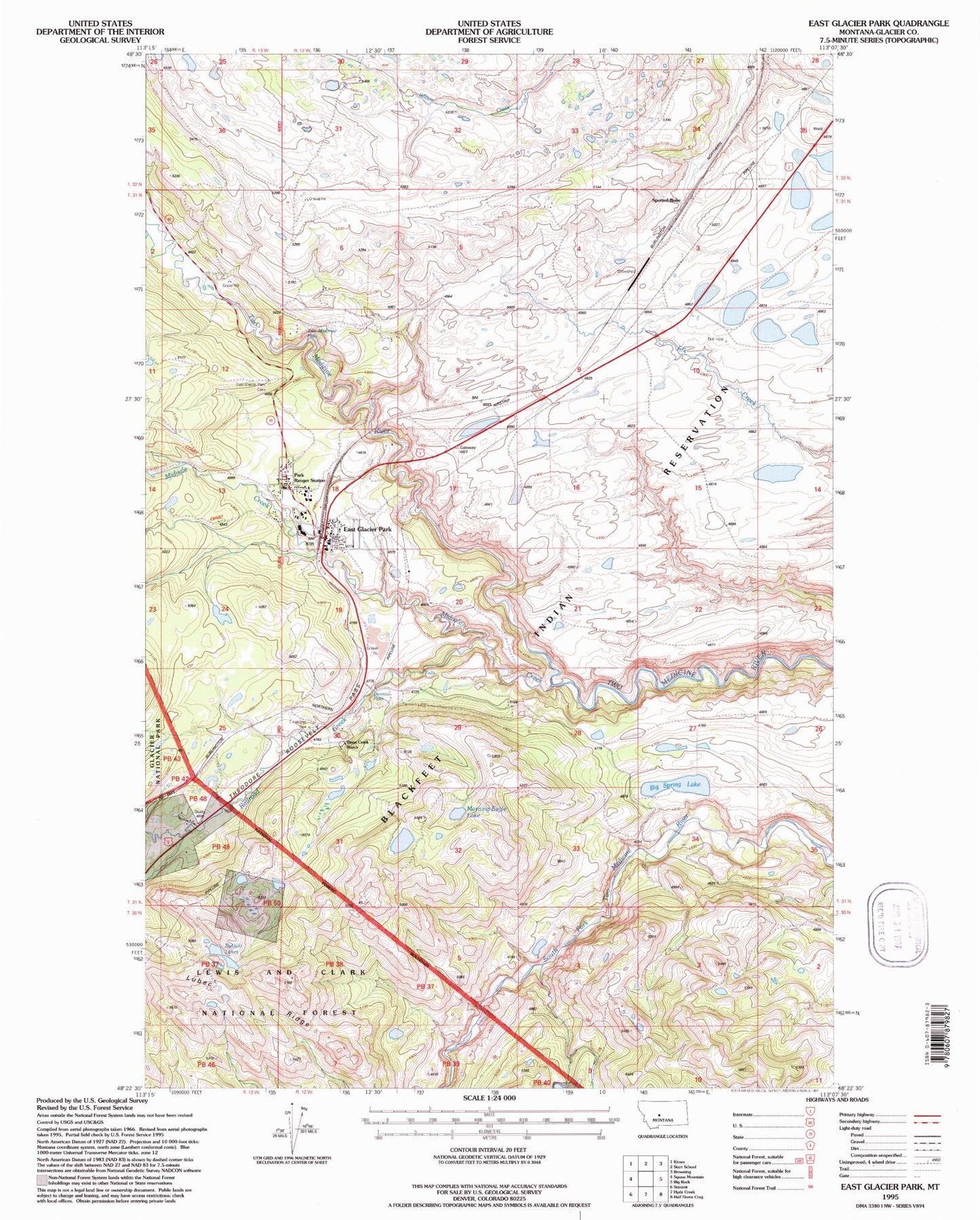 Classic USGS East Glacier Park Montana 7.5'x7.5' Topo Map Image