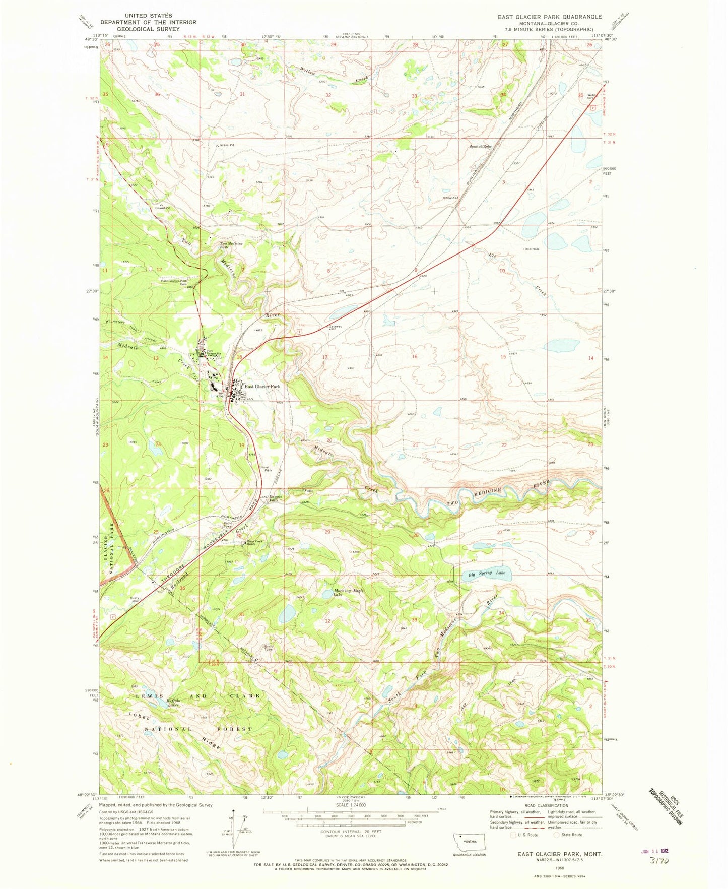 Classic USGS East Glacier Park Montana 7.5'x7.5' Topo Map Image