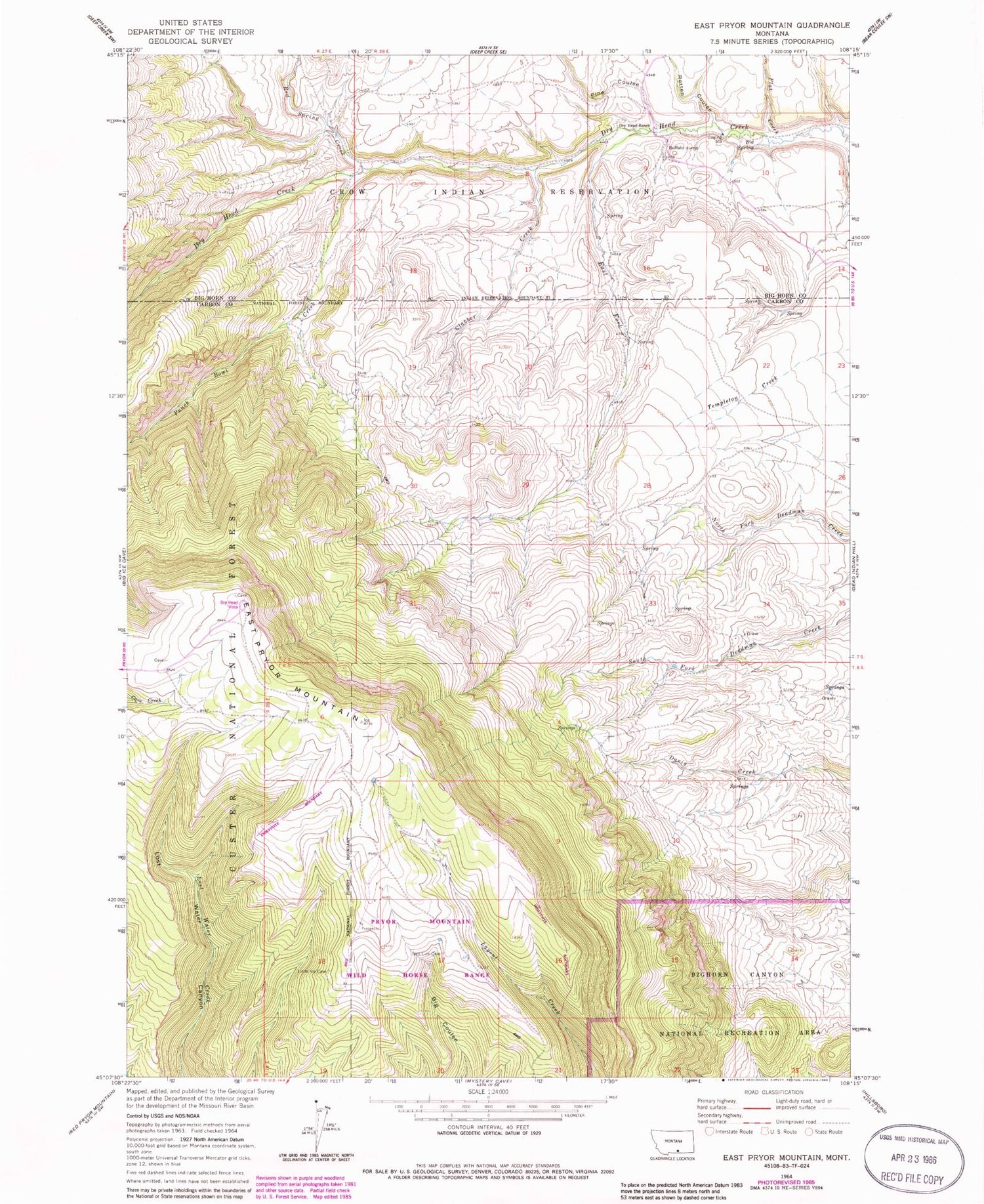 Classic USGS East Pryor Mountain Montana 7.5'x7.5' Topo Map Image