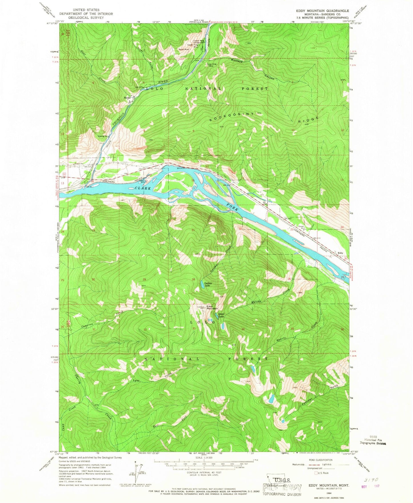Classic USGS Eddy Mountain Montana 7.5'x7.5' Topo Map Image