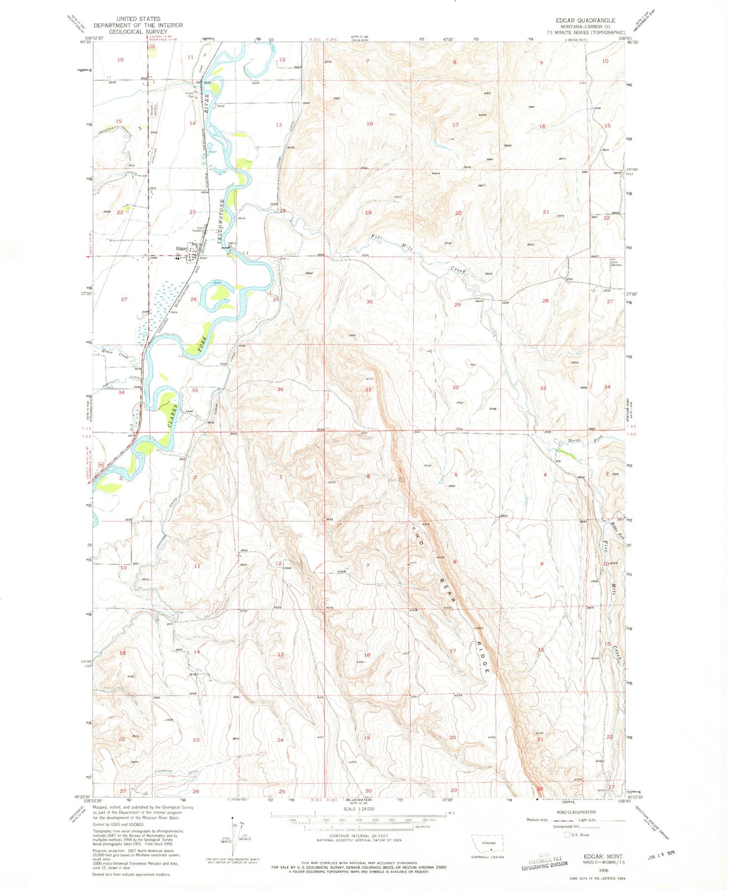 Classic USGS Edgar Montana 7.5'x7.5' Topo Map Image