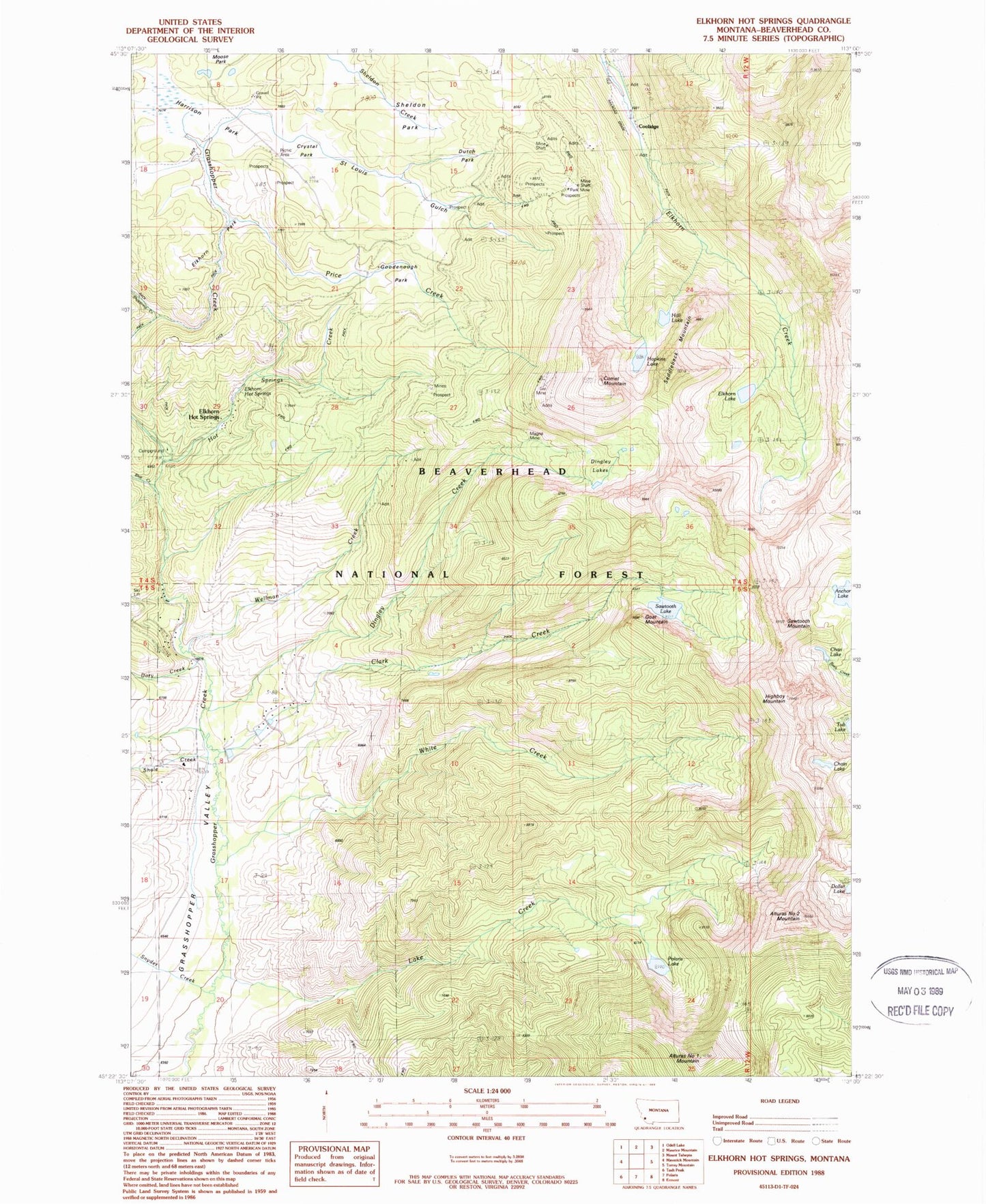 Classic USGS Elkhorn Hot Springs Montana 7.5'x7.5' Topo Map Image