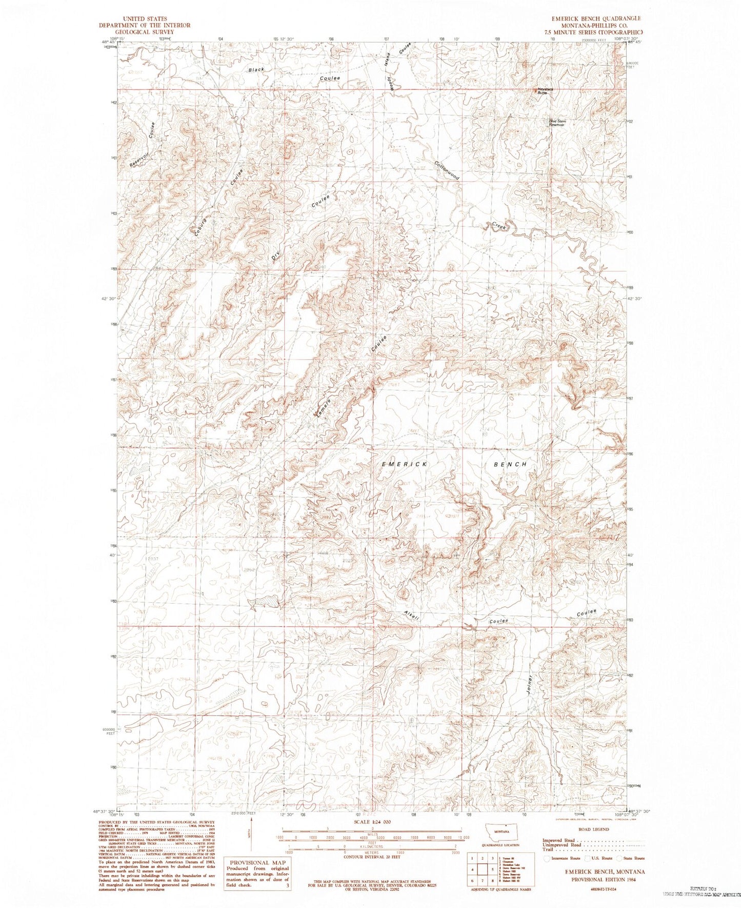 Classic USGS Emerick Bench Montana 7.5'x7.5' Topo Map Image
