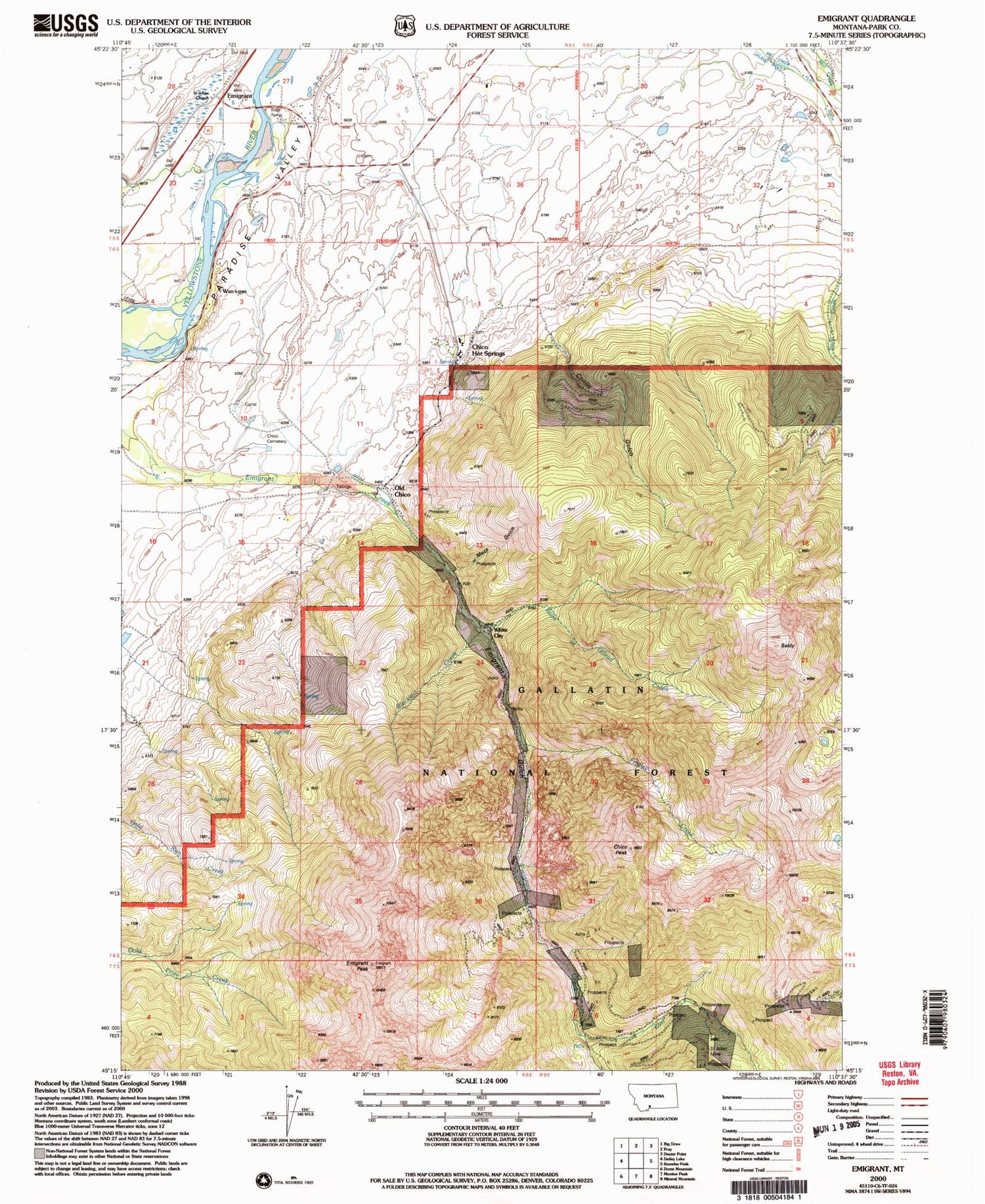 Classic USGS Emigrant Montana 7.5'x7.5' Topo Map Image