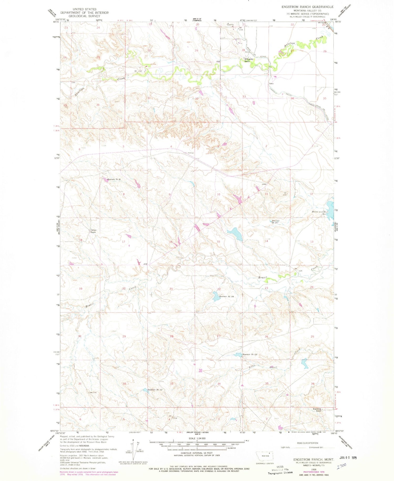 Classic USGS Engstrom Ranch Montana 7.5'x7.5' Topo Map Image