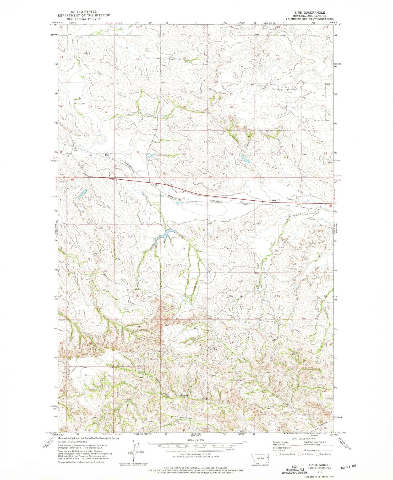 Classic USGS Enid Montana 7.5'x7.5' Topo Map Image