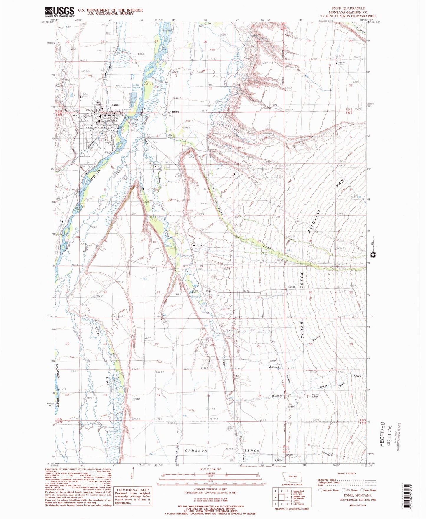 Classic USGS Ennis Montana 7.5'x7.5' Topo Map Image