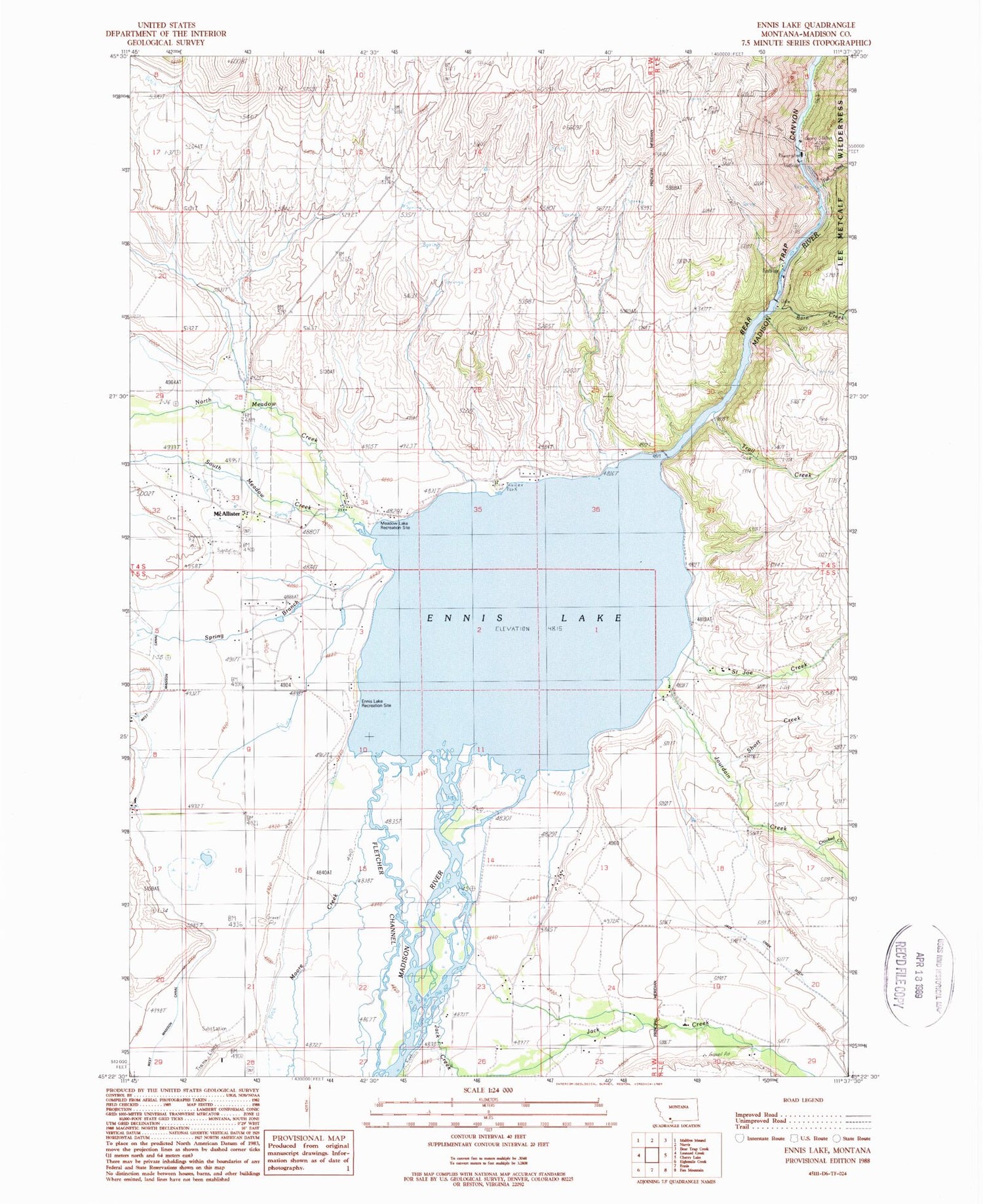 Classic USGS Ennis Lake Montana 7.5'x7.5' Topo Map Image